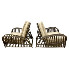 Pair of Heywood Wakefield Stick Wicker Rattan Recliner Lounge Chairs
