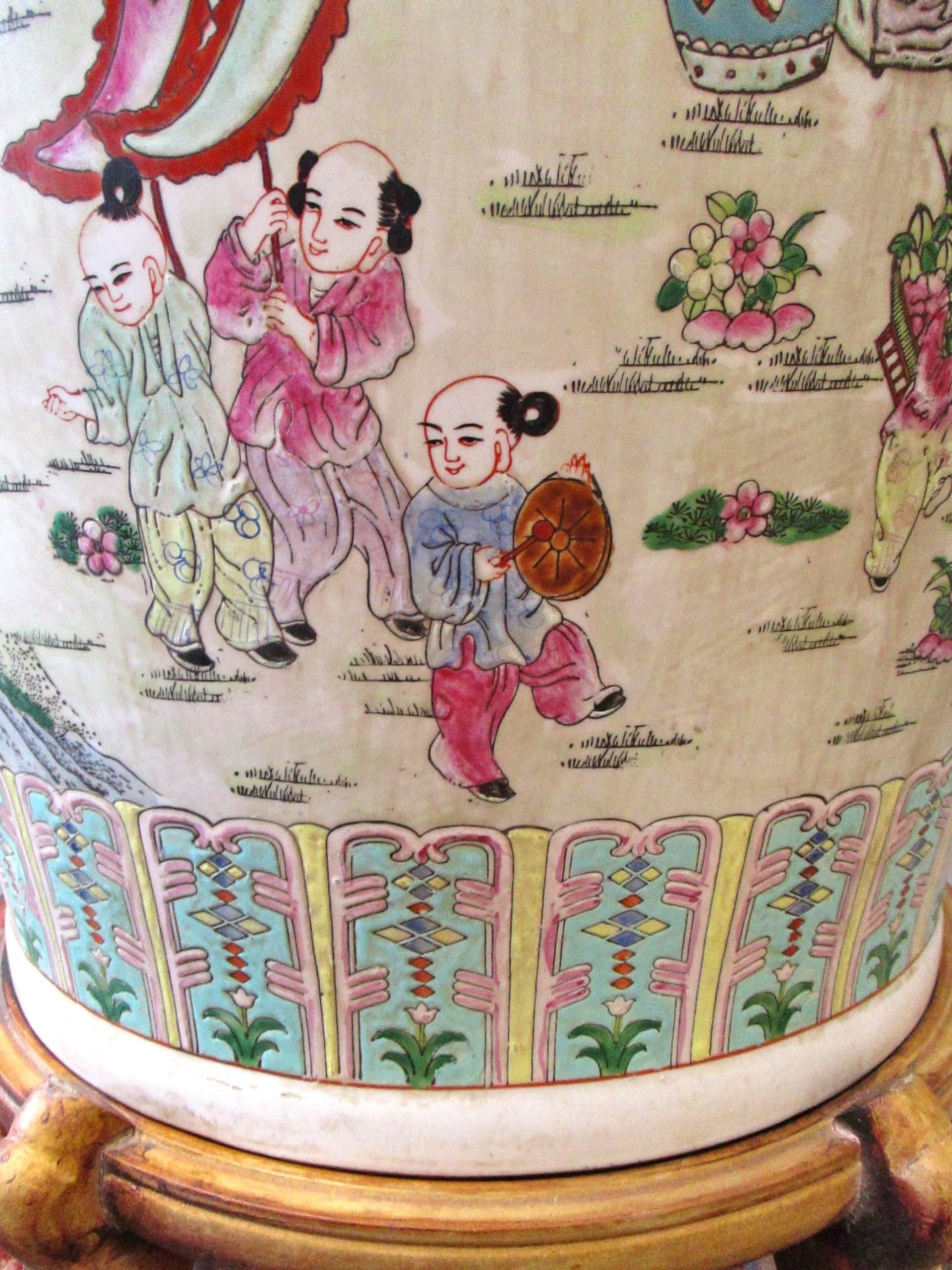 20th Century Large Chinese Rose Medallion Vase Urn on Stand