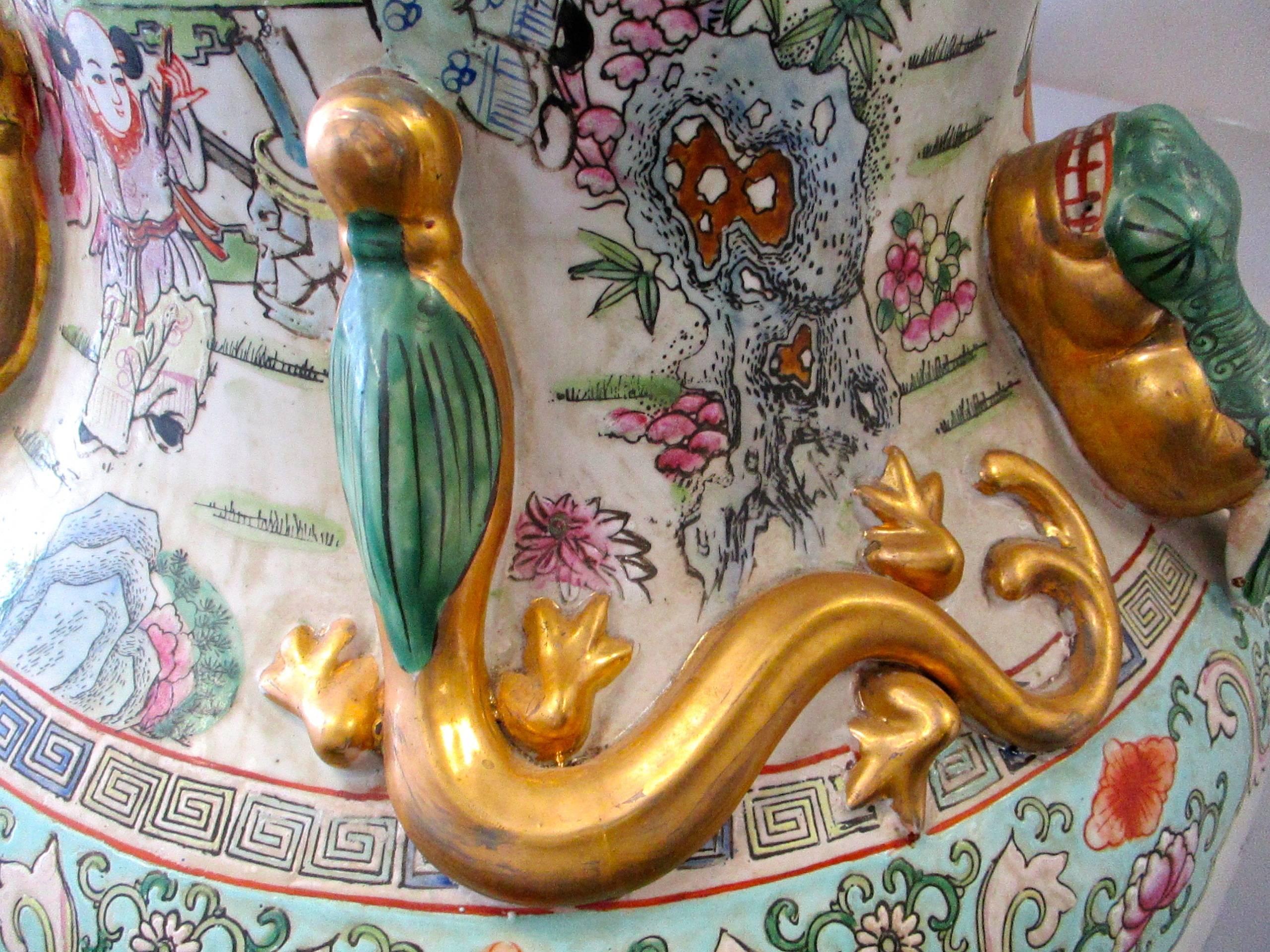 Porcelain Large Chinese Rose Medallion Vase Urn on Stand