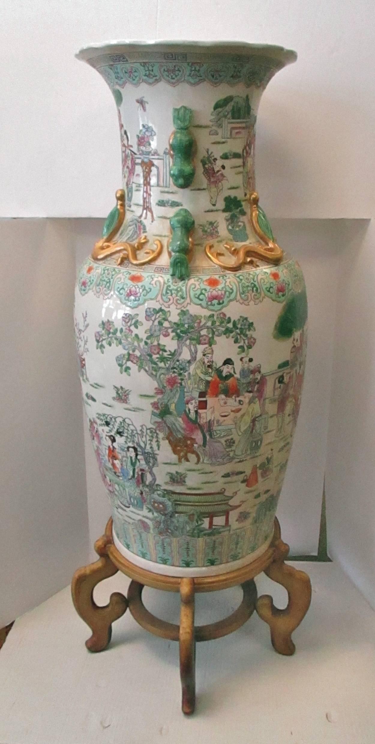 Large Chinese Rose Medallion Vase Urn on Stand 1
