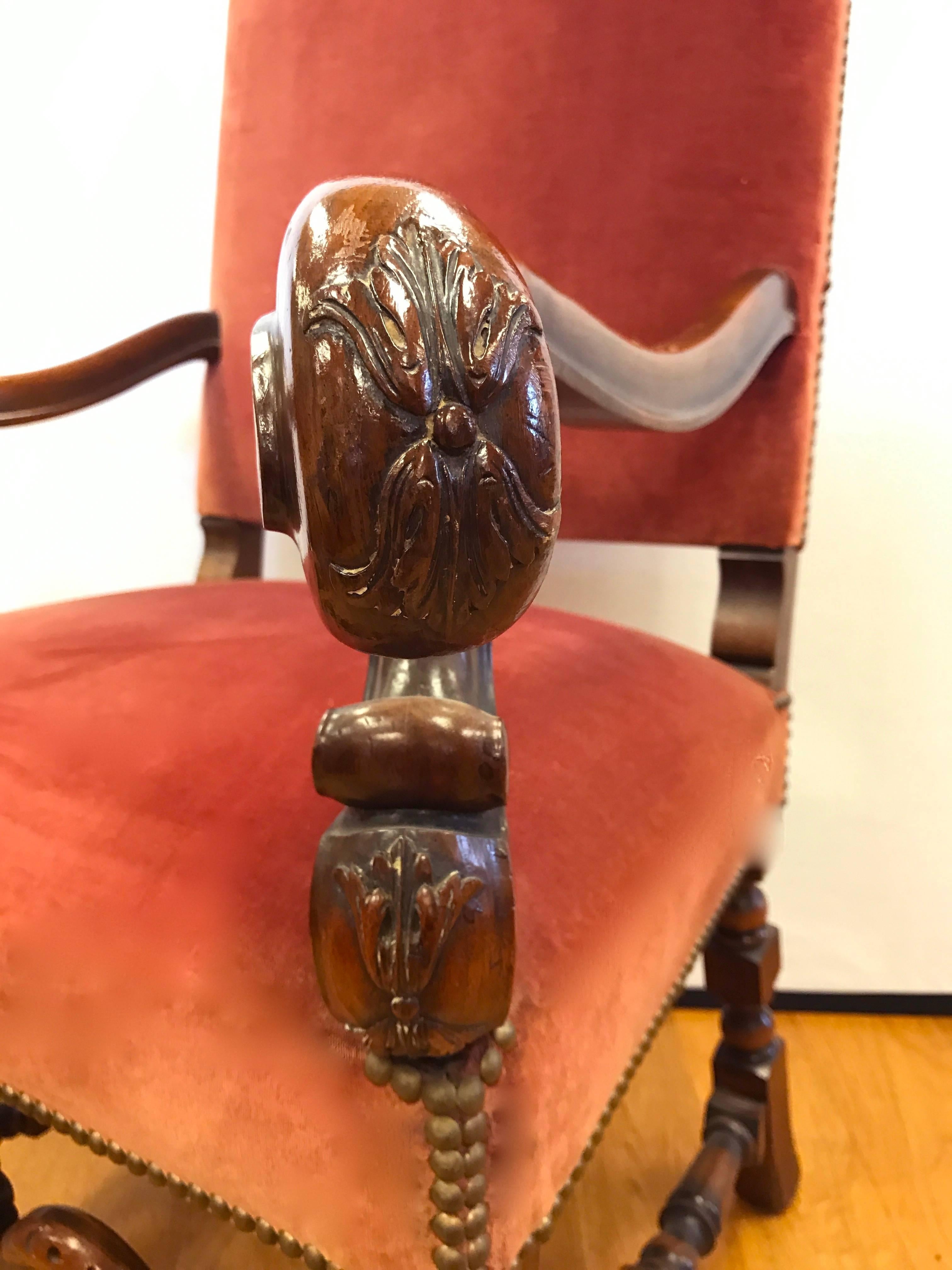Velvet Pair of Antique Italian Carved Walnut Armchairs