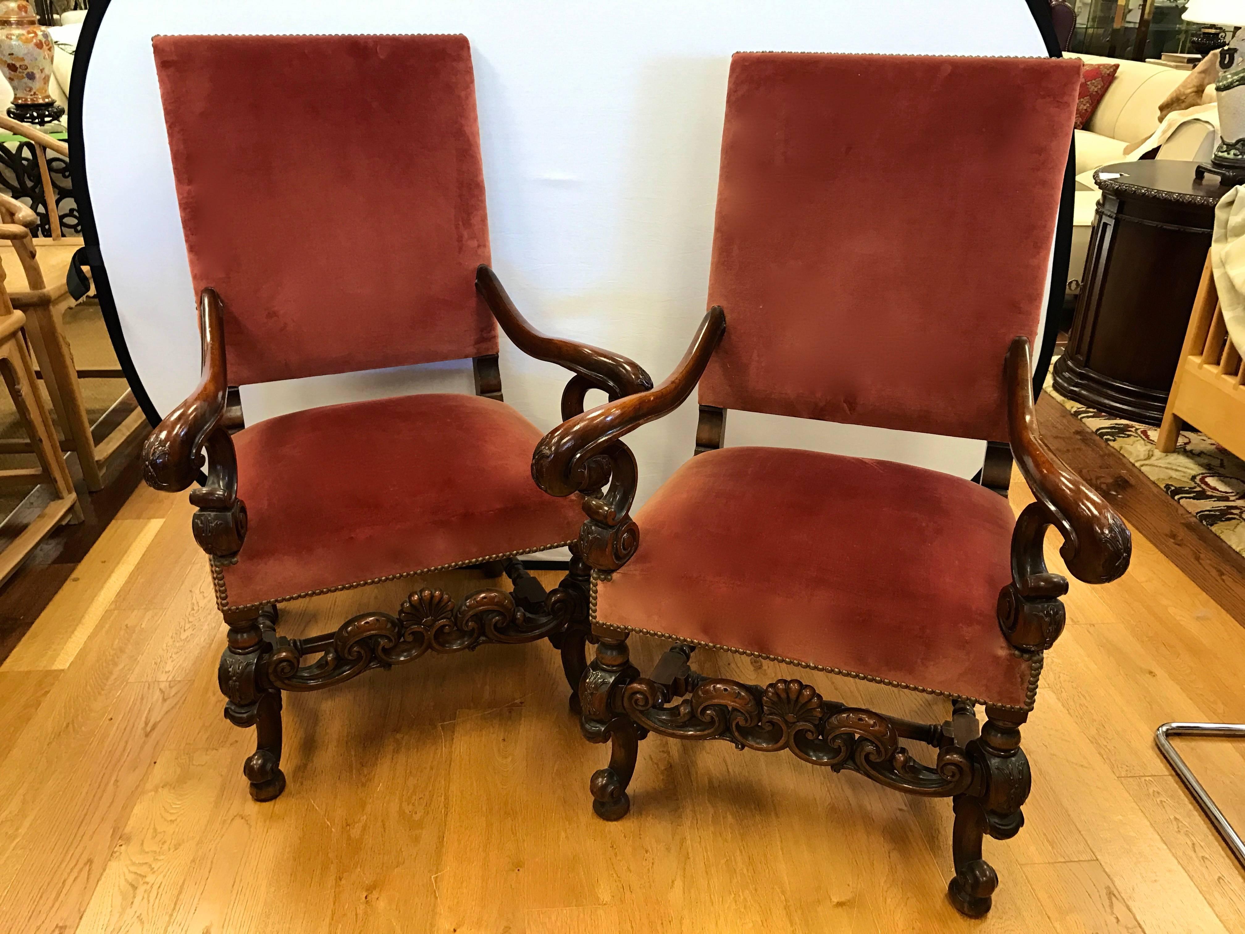 Pair of Antique Italian Carved Walnut Armchairs 1