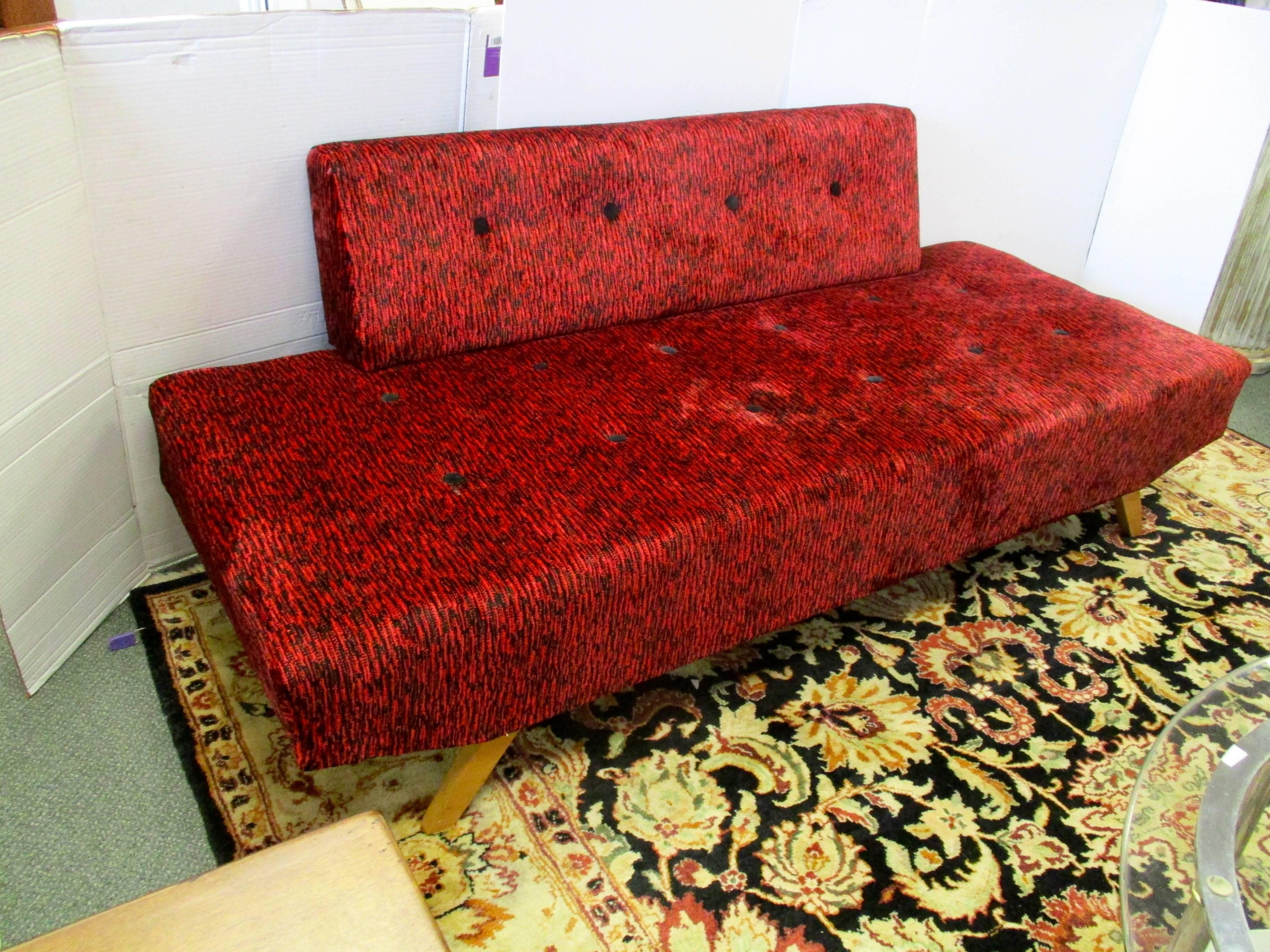 Mid-Century Modern Midcentury Red Settee Daybed Sofa, New Upholstery