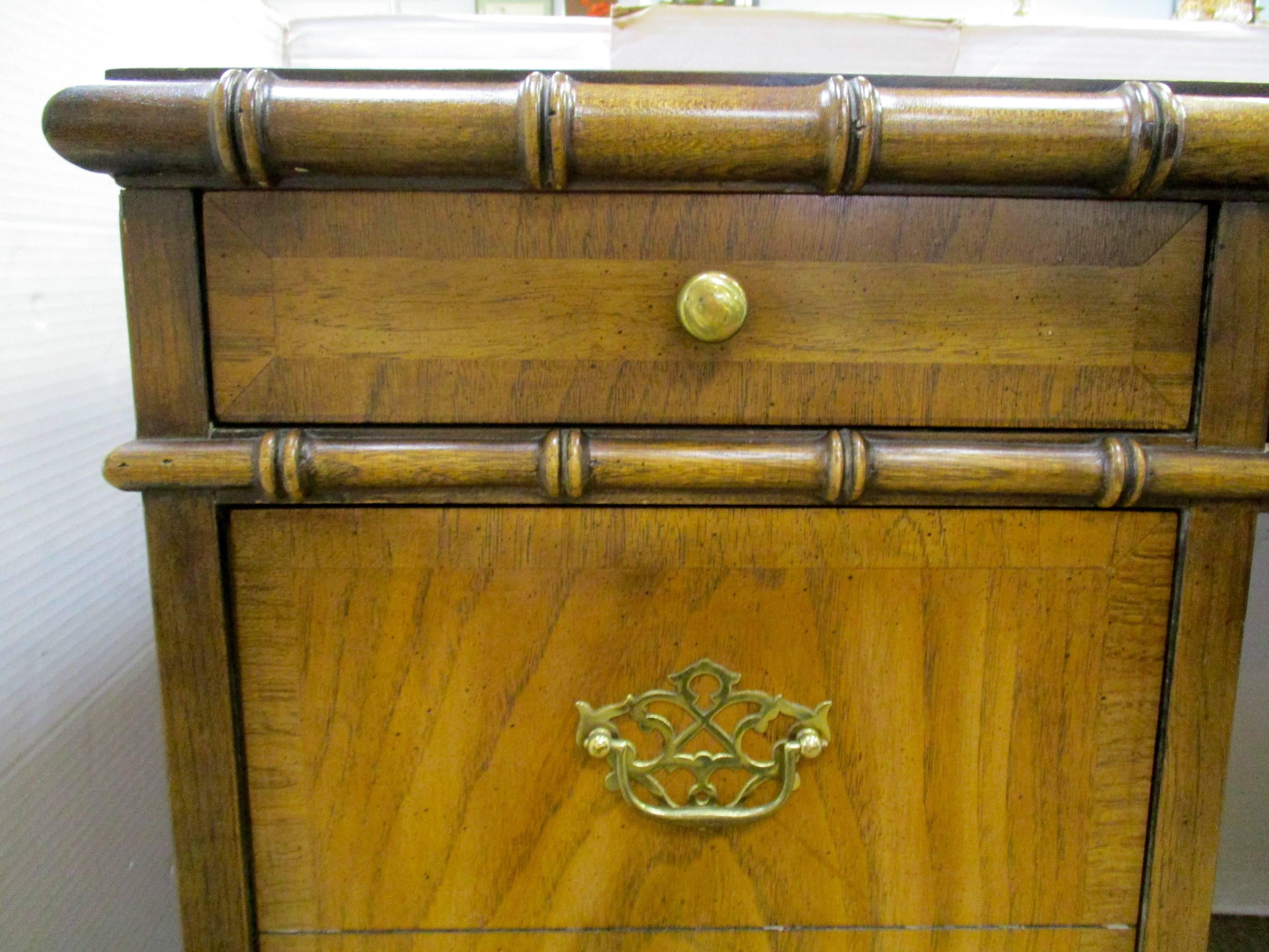 Lane Altavista faux bamboo Mid-Century Modern writing desk. Weight is 160 pounds.