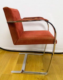 Pair of Alivar Italy Suede Leather Cantilevered Van der Rohe Style Chrome Chairs