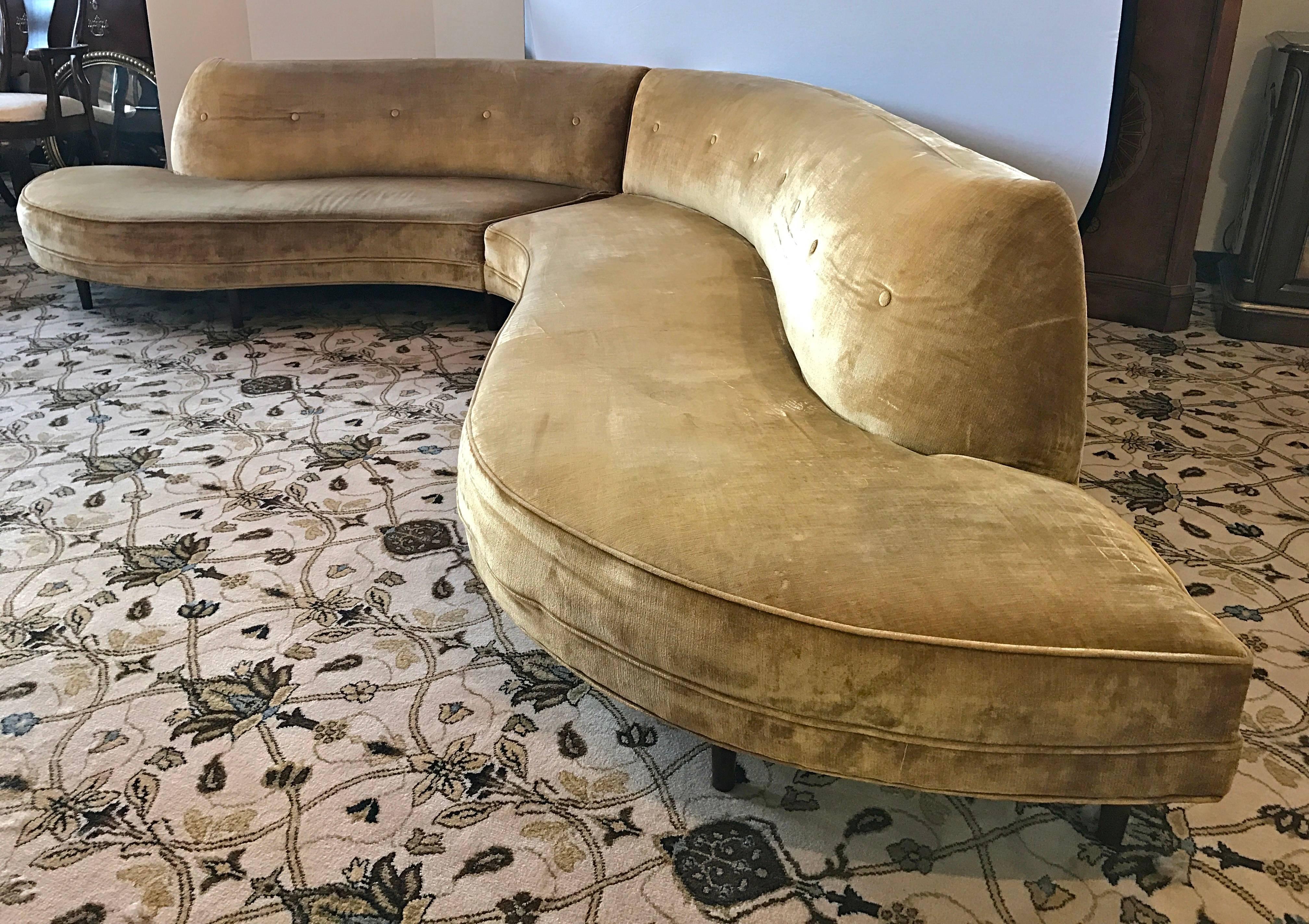 Coveted 1950s two-piece serpentine sectional sofa in the style of Vladimir Kagan. Dimensions are below and dimensions of each of the two pieces are 96 inches and 75 inches respectively. Gold velvet fabric is original and would need reupholstery