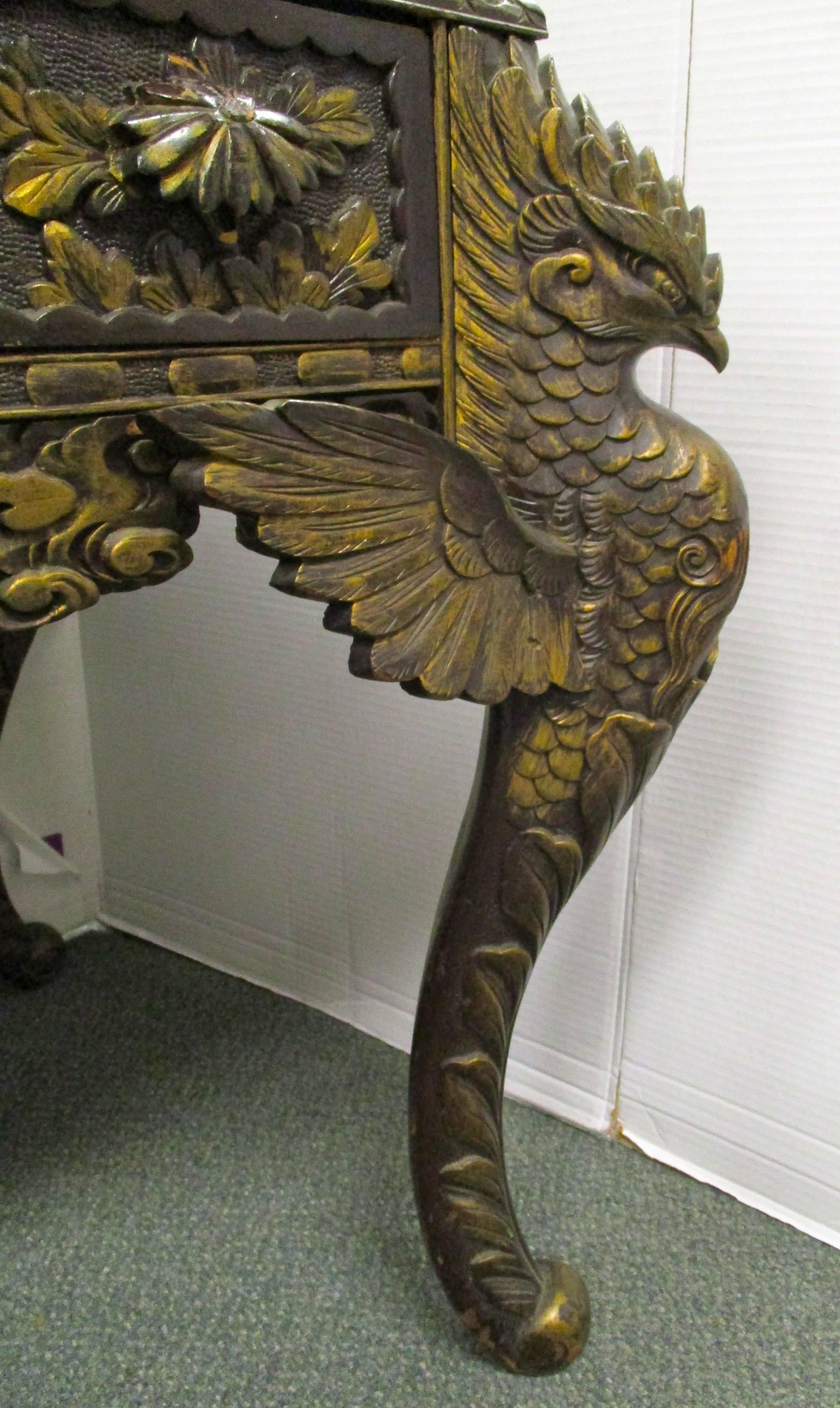 Hand-Carved Asian Chinese Chinoiserie Carved Writing Desk Secretary