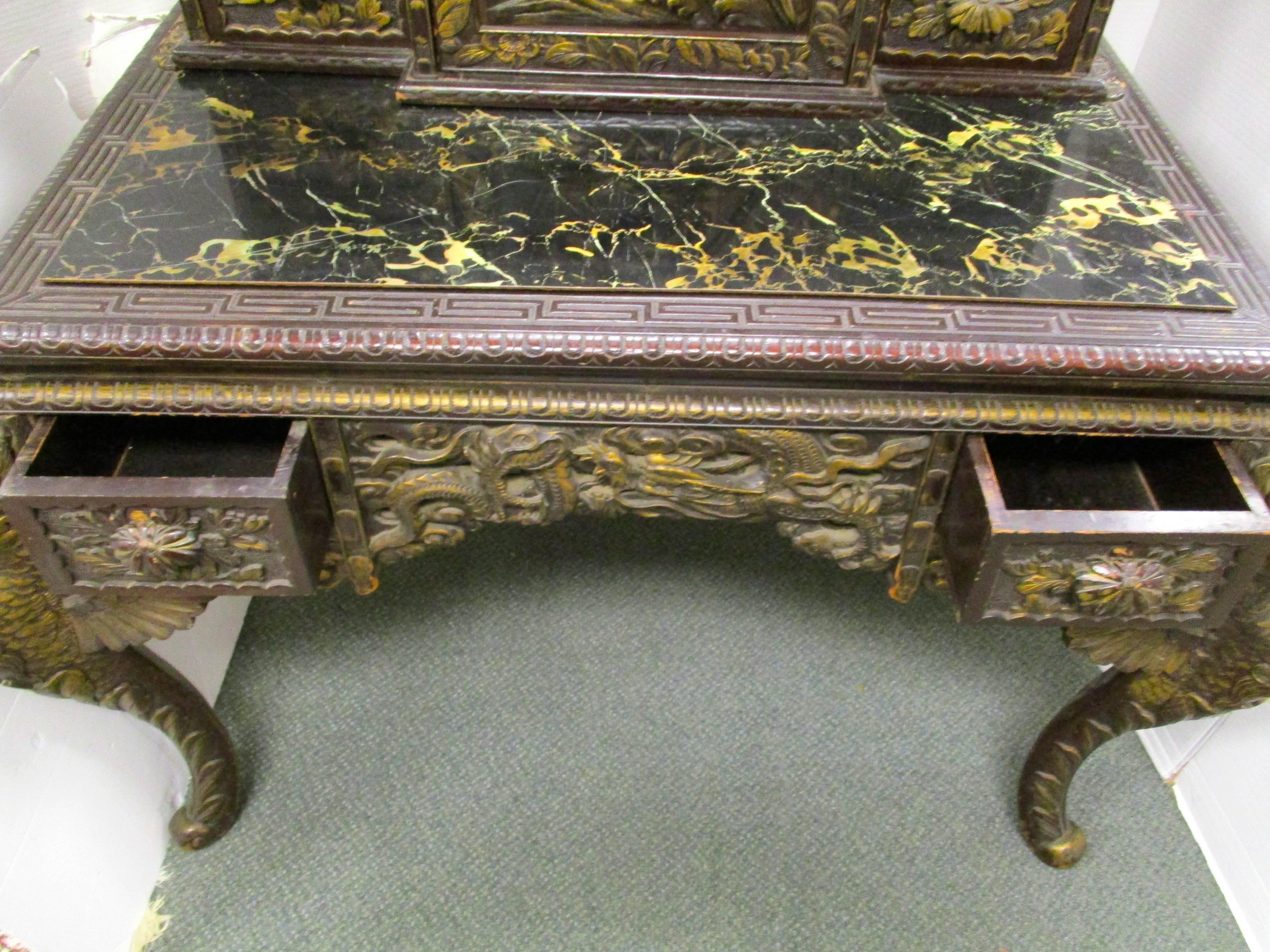 Asian Chinese Chinoiserie Carved Writing Desk Secretary In Good Condition In West Hartford, CT