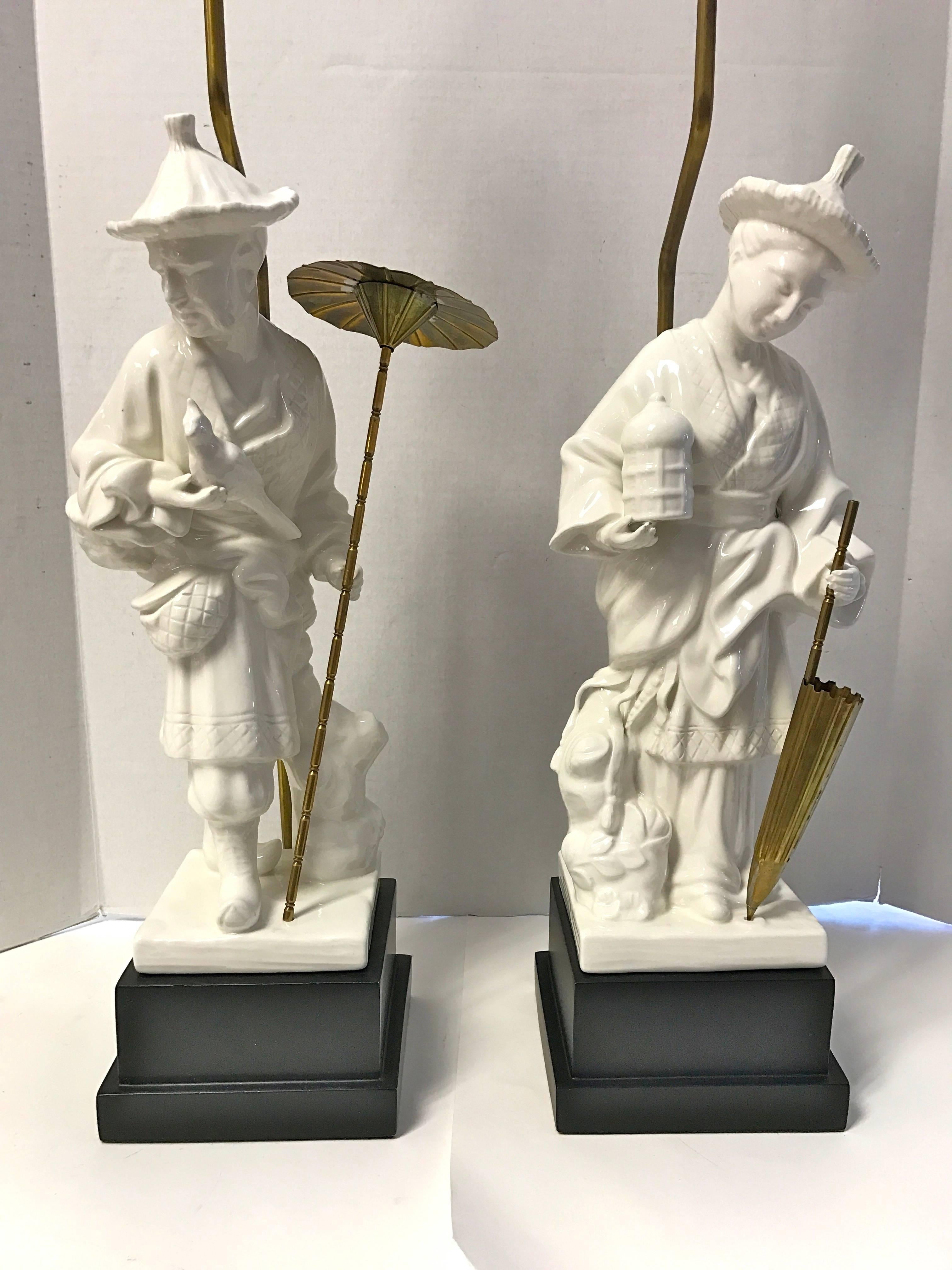 Brass Pair of Chapman Blanc de Chine Hollywood Regency Figural Lamps