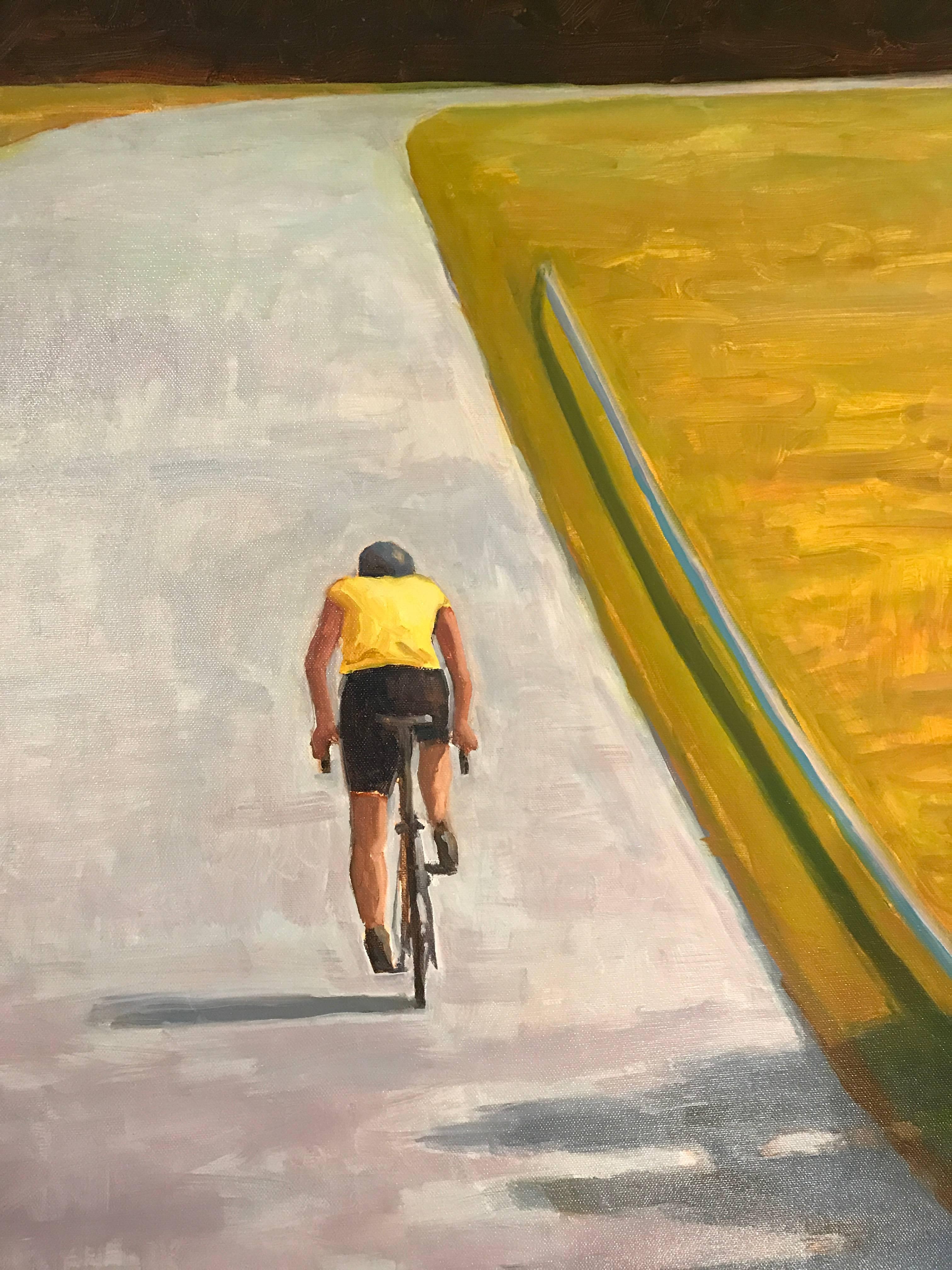 Striking original Ken Dorros signed oil painting of a lone bicyclist. Unframed.
