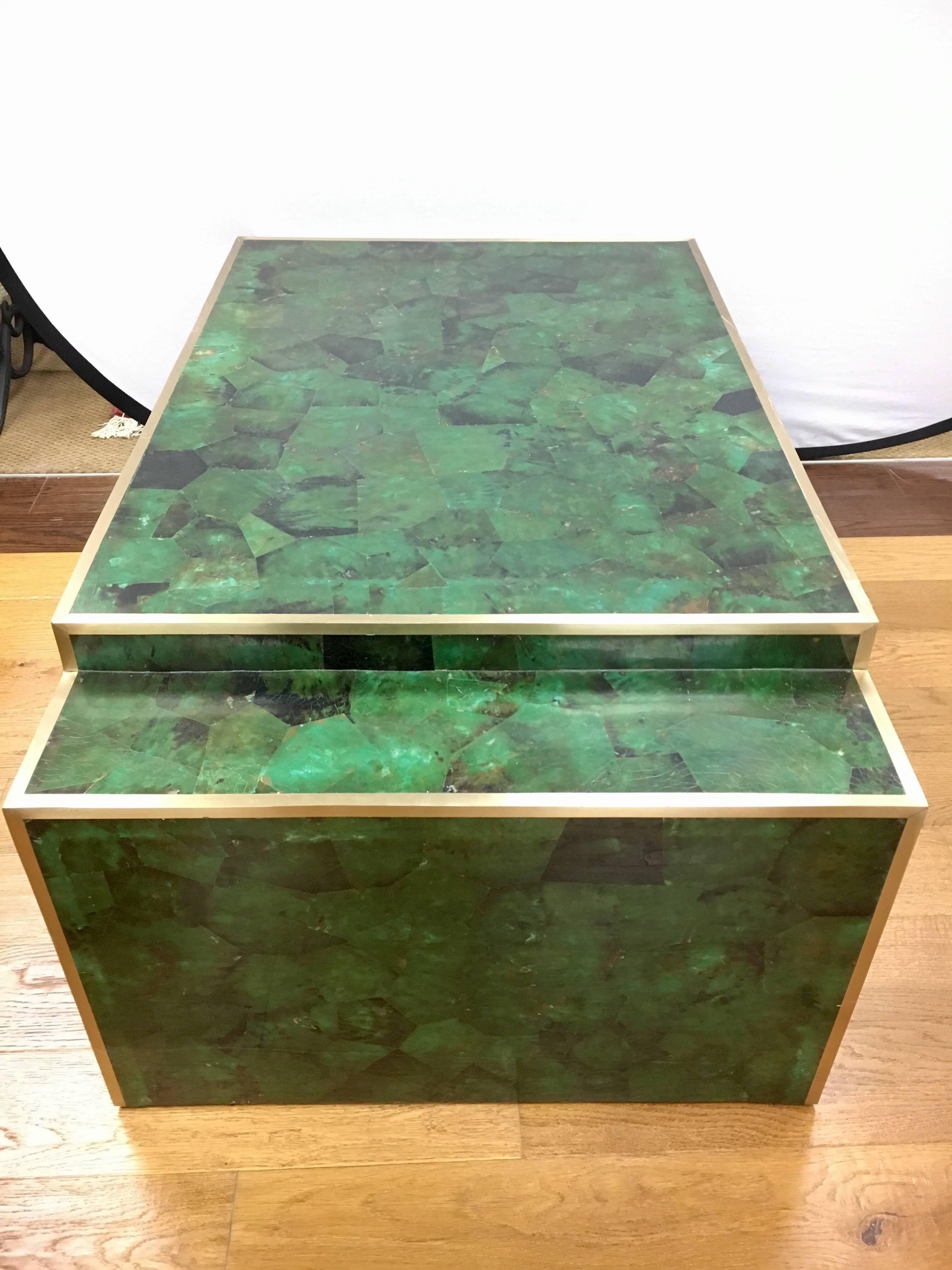 American Savona Emerald Faux Malachite and Brass Cocktail Coffee Table
