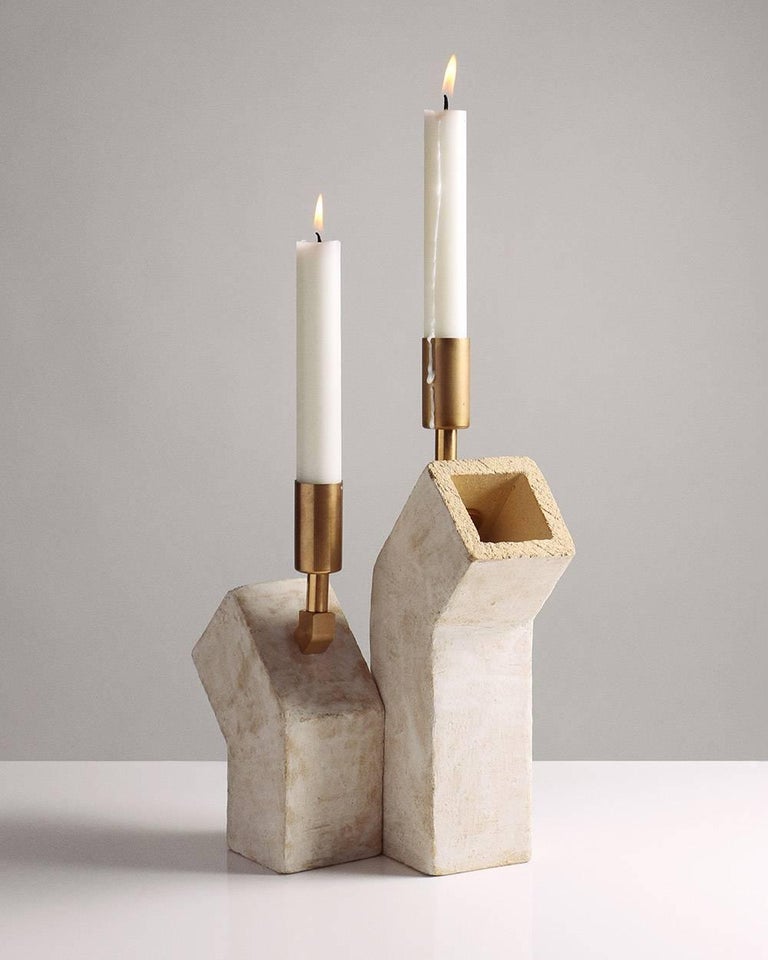 'Conduit' Brutalist White Ceramic and Brass Candlesticks, Pair For Sale