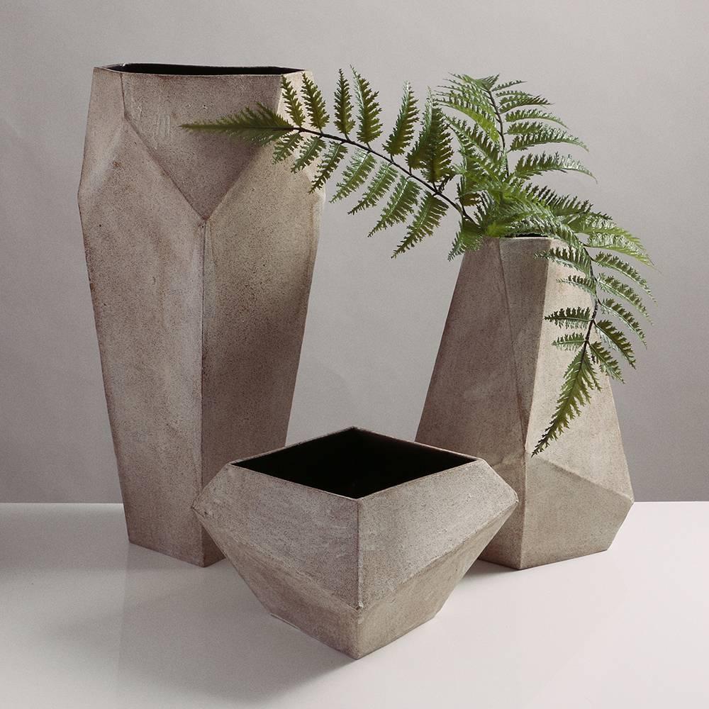 American Facet Stony Gray and Black Tall Modern Geometric Ceramic Tower Vase, In Stock