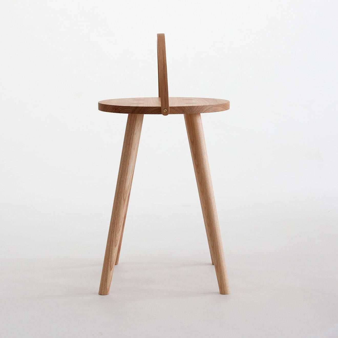 Modern Single Bucket Stool, Seat Side Table with Bentwood Handle in Solid Ash For Sale