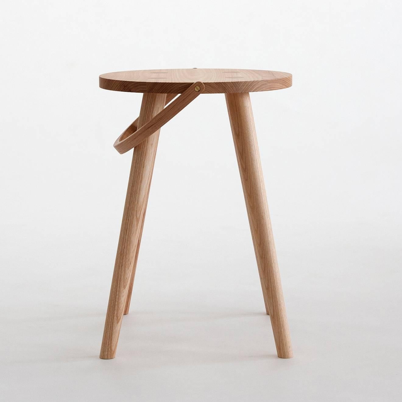 Turned Single Bucket Stool - Seat Side Table with Bentwood Handle in Solid Ash