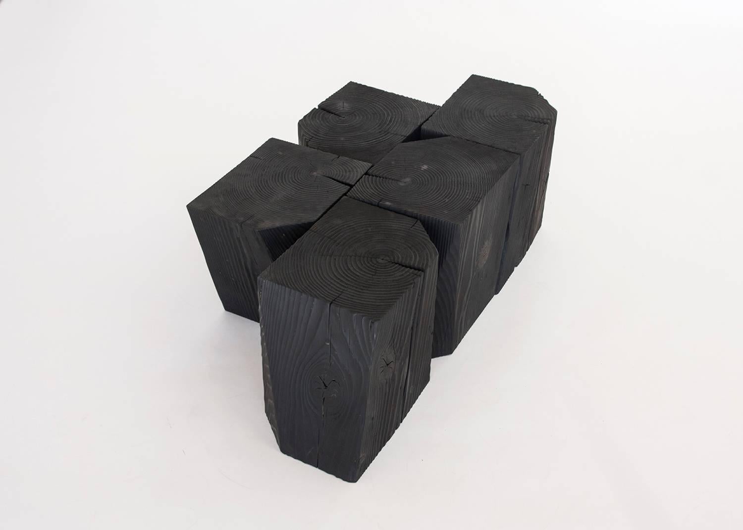 Blackened Charcoal Blocks, Sculptural, Geometric, Shou Sugi Ban Coffee or Side Tables For Sale