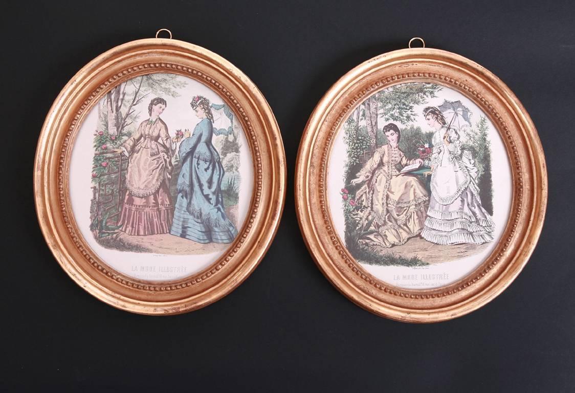 Pair of 19th century printed and hand colored French fashion plates in antique oval frames that have been gilded in 22-carat gold leaf.
La Mode Illustree Bureaux du Journal 56 Rue Jacob Paris.

These items are on view in Berkshire - UK

 