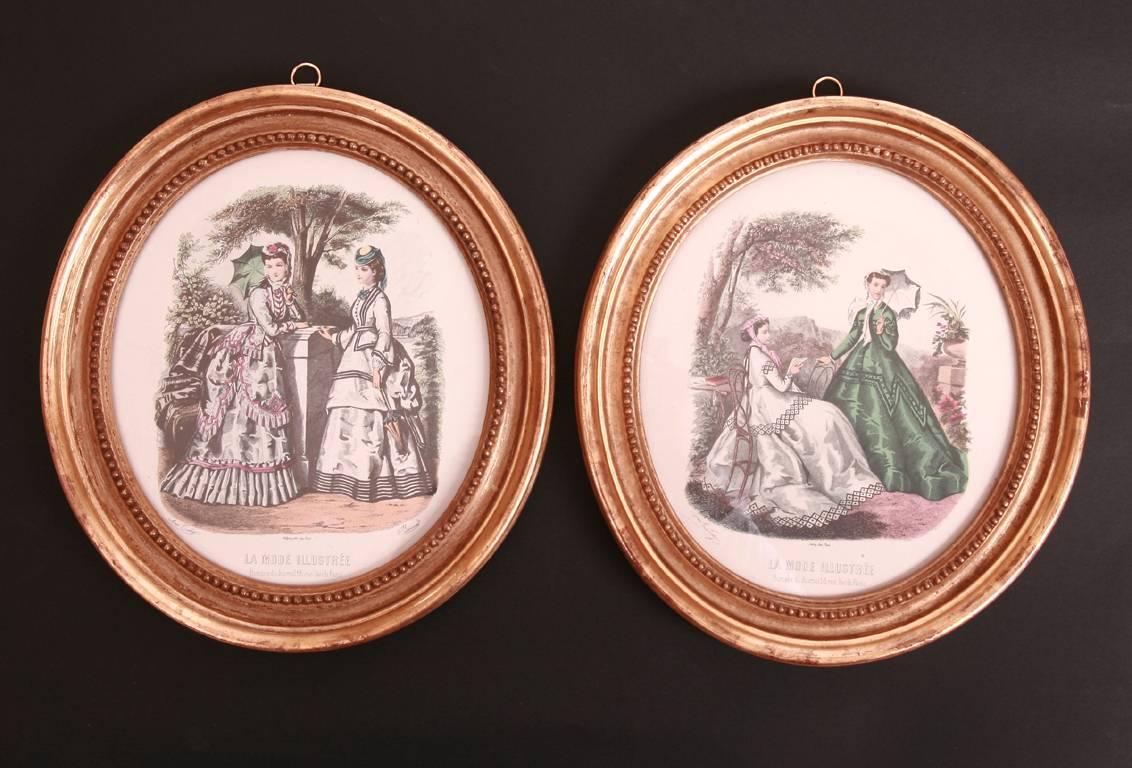Pair of 19th century printed and hand colored French fashion plates. The frames are antique frames that are gilded in 22-carat gold leaf.

These items are on show in Berkshire - UK
