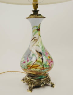 Porcelain Table Lamp Depicting a Heron and Verdant Foliage