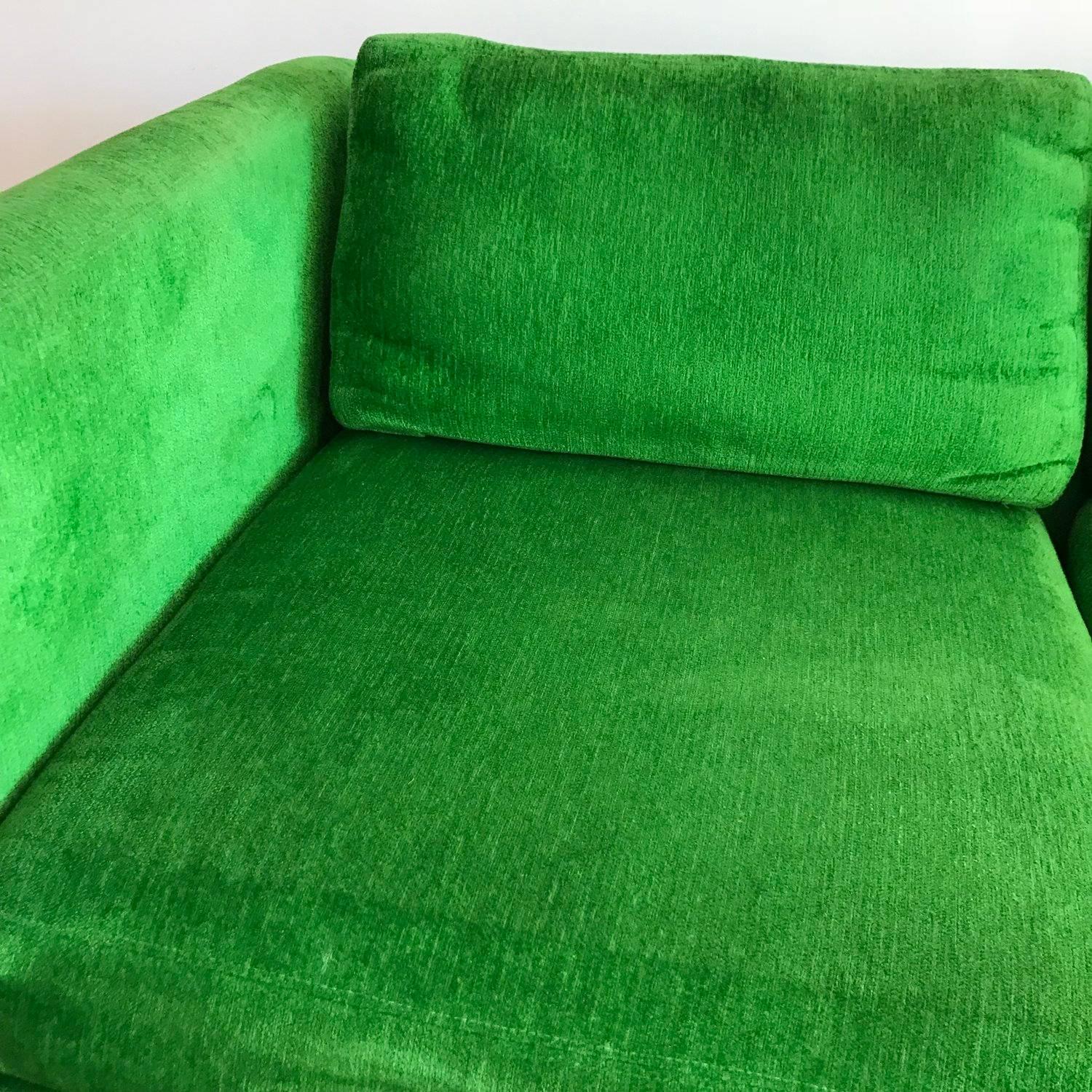 Super fun kelly green velvet sofa or loveseat by Selig sold through W and J Sloane, NY. Excellent vintage condition, still has a yard of original fabric and paper work that was kept. Very light signs of wear on the left side. Classic square boxy