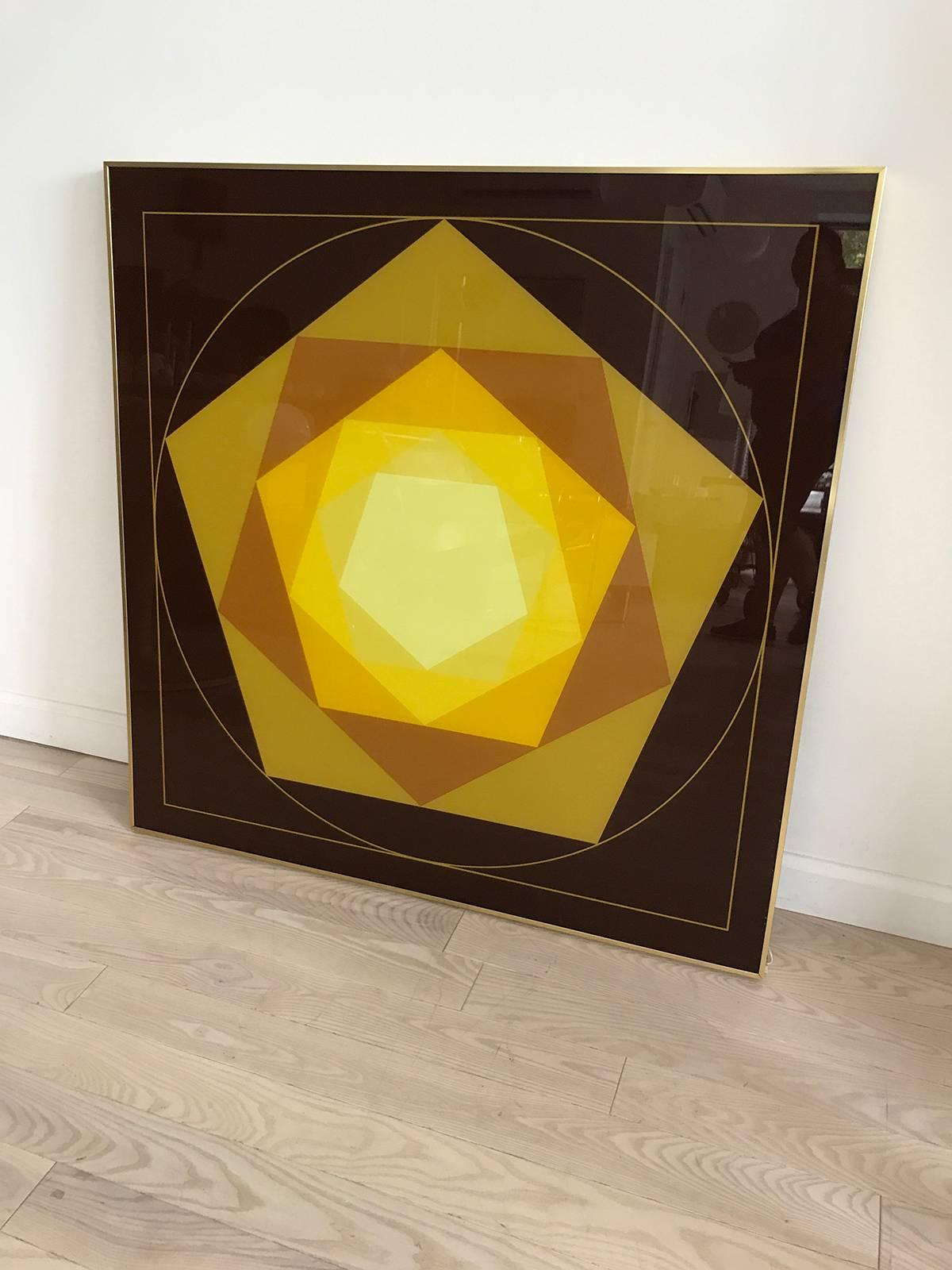 1970s Printed Glass Art by Turner MFG in Brass Frame In Excellent Condition In Brooklyn, NY