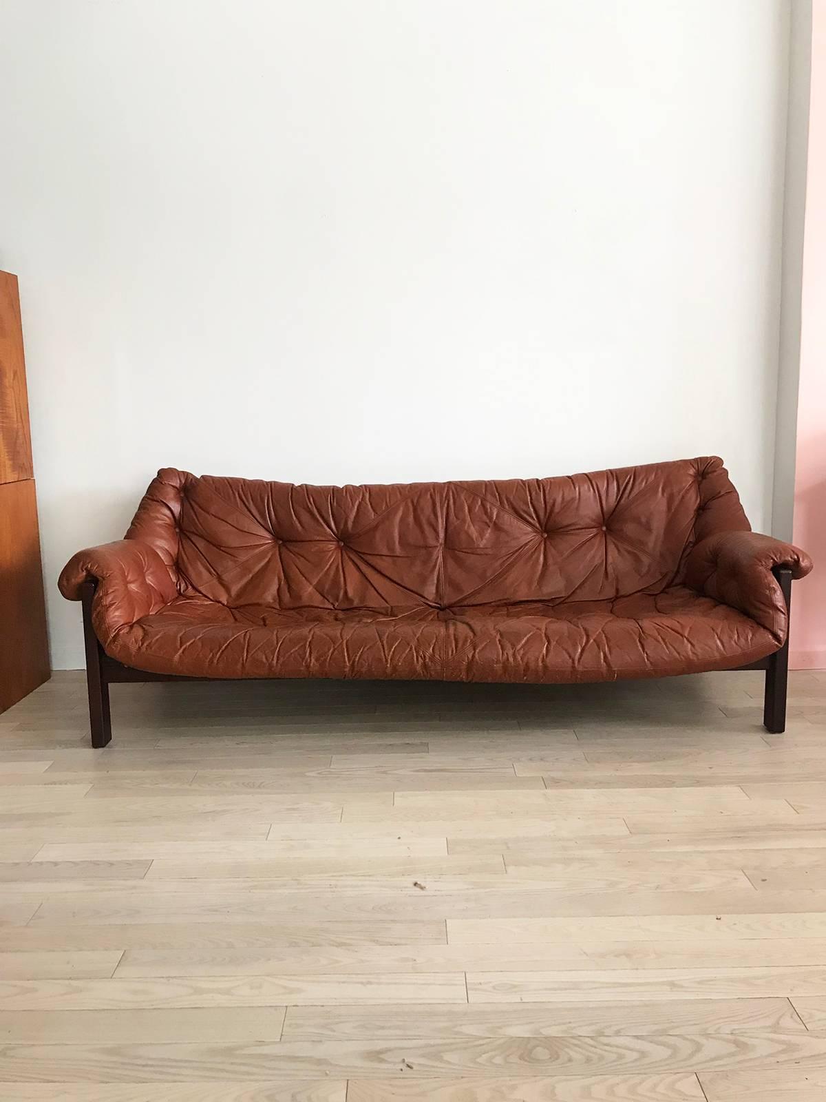 1960s Jean Gillon Brazillian Exotic Rosewood and Cognac Leather Sling Sofa 1