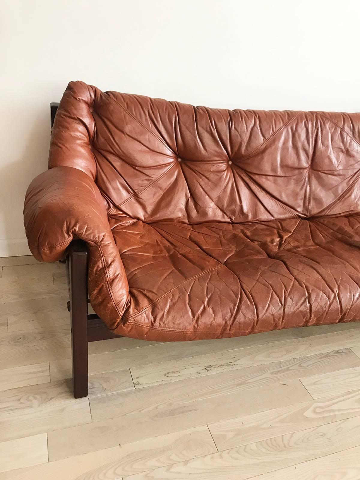 1960s Jean Gillon Brazillian Exotic Rosewood and Cognac Leather Sling Sofa 2