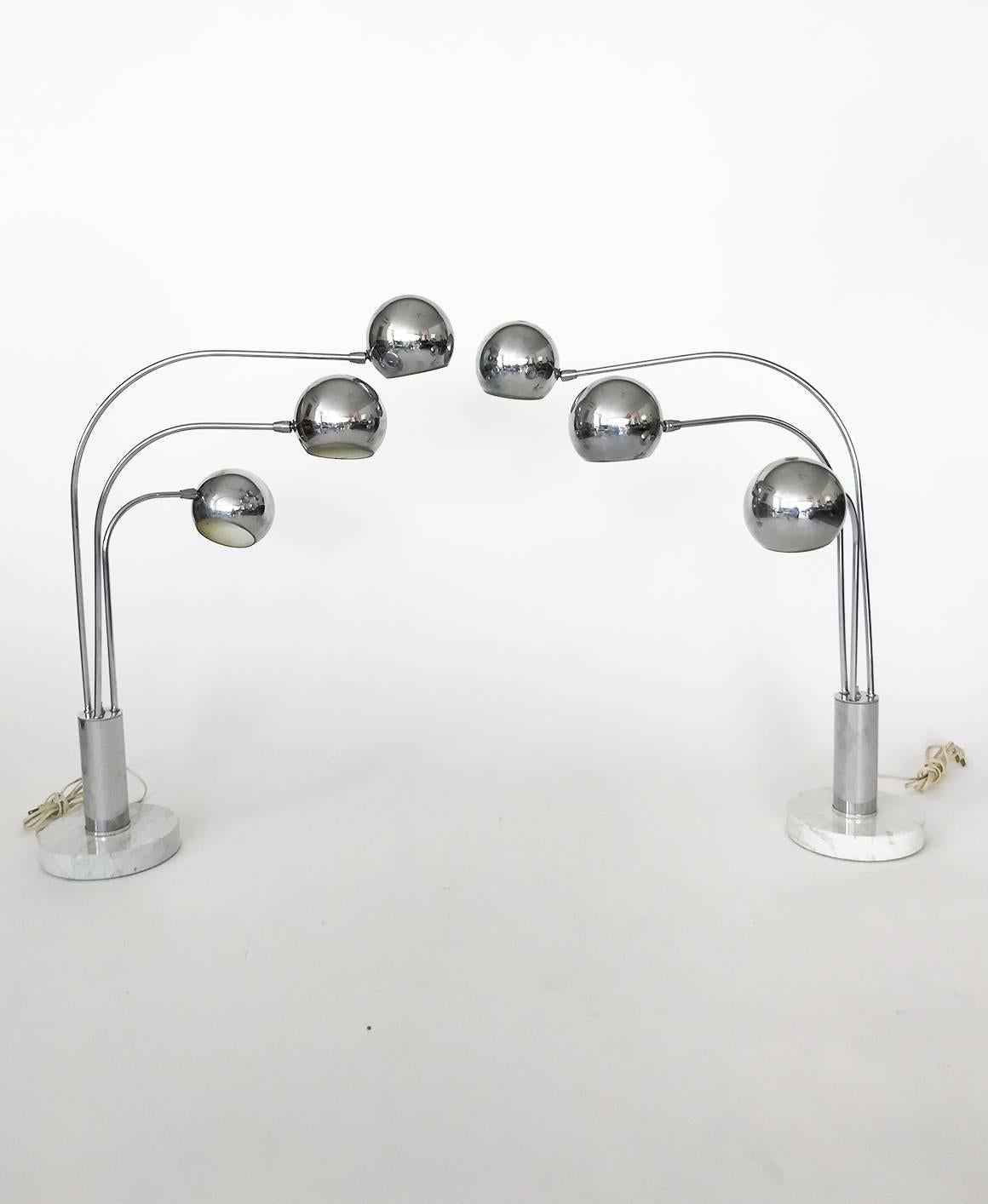 Mid-20th Century Pair of Midcentury Chrome Orb Three-Arm Lamp with White Marble Base