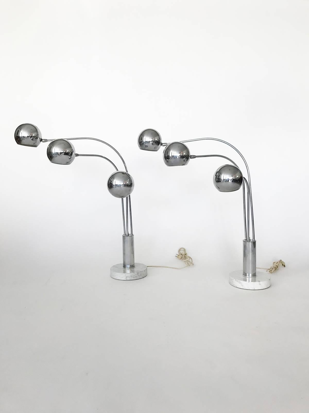 American Pair of Midcentury Chrome Orb Three-Arm Lamp with White Marble Base