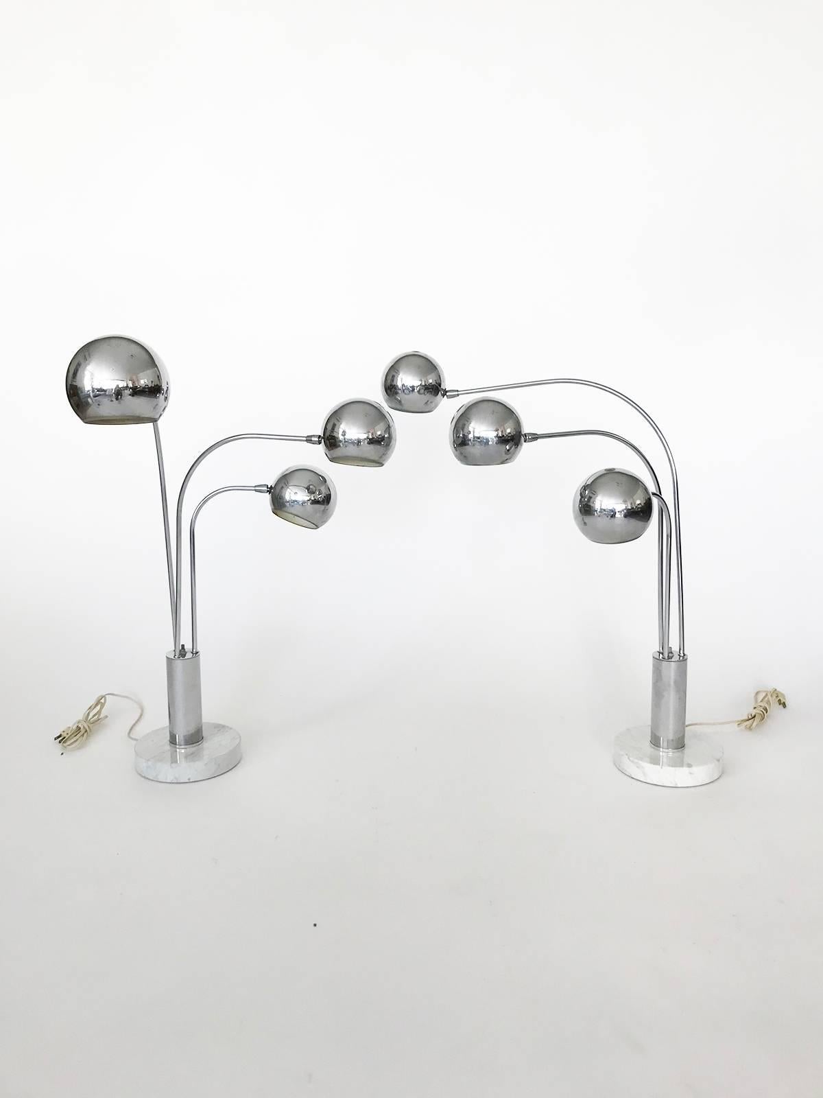 Pair of Midcentury Chrome Orb Three-Arm Lamp with White Marble Base 1