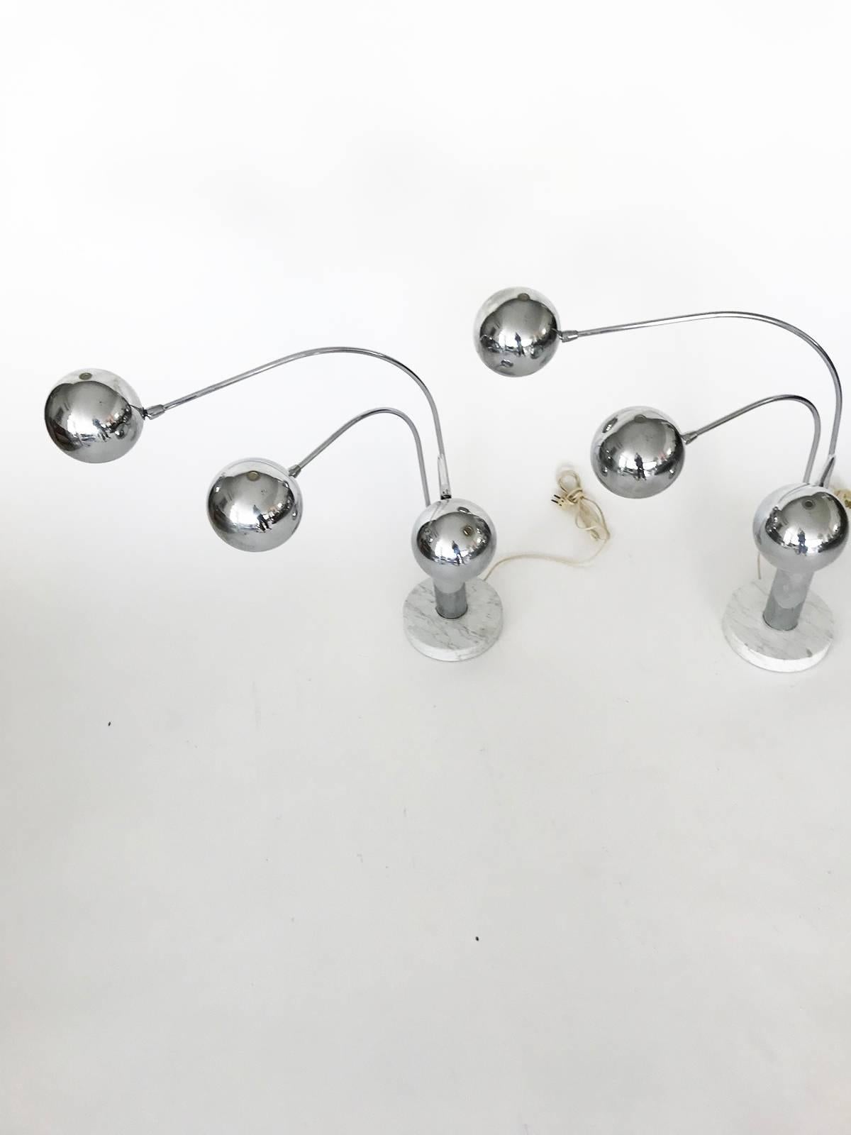Pair of Midcentury Chrome Orb Three-Arm Lamp with White Marble Base In Excellent Condition In Brooklyn, NY