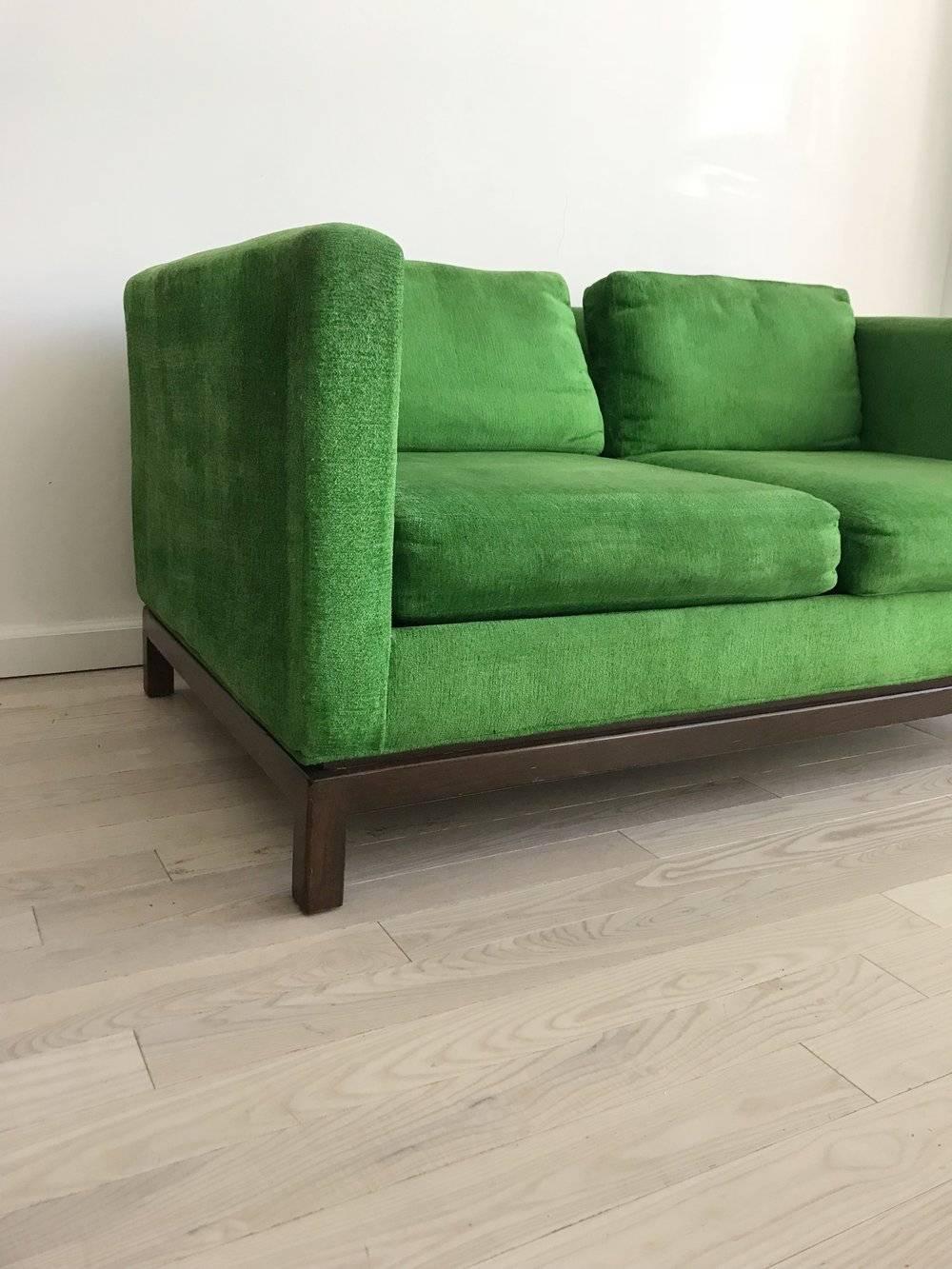 Mid-Century Modern Midcentury Green Velvet Sofa with Walnut Legs by Selig