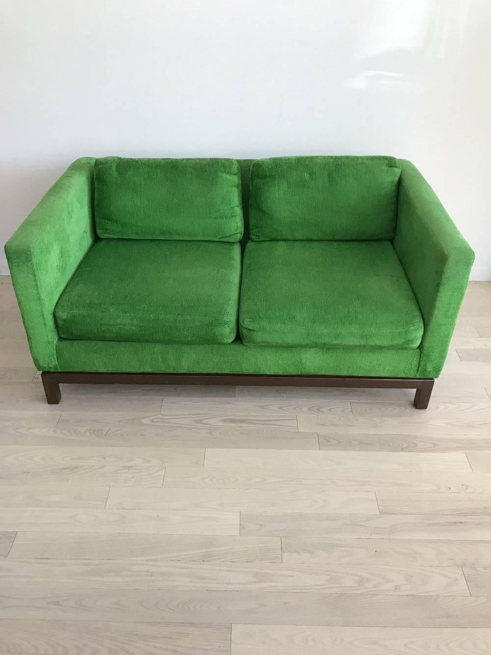 American Midcentury Green Velvet Sofa with Walnut Legs by Selig