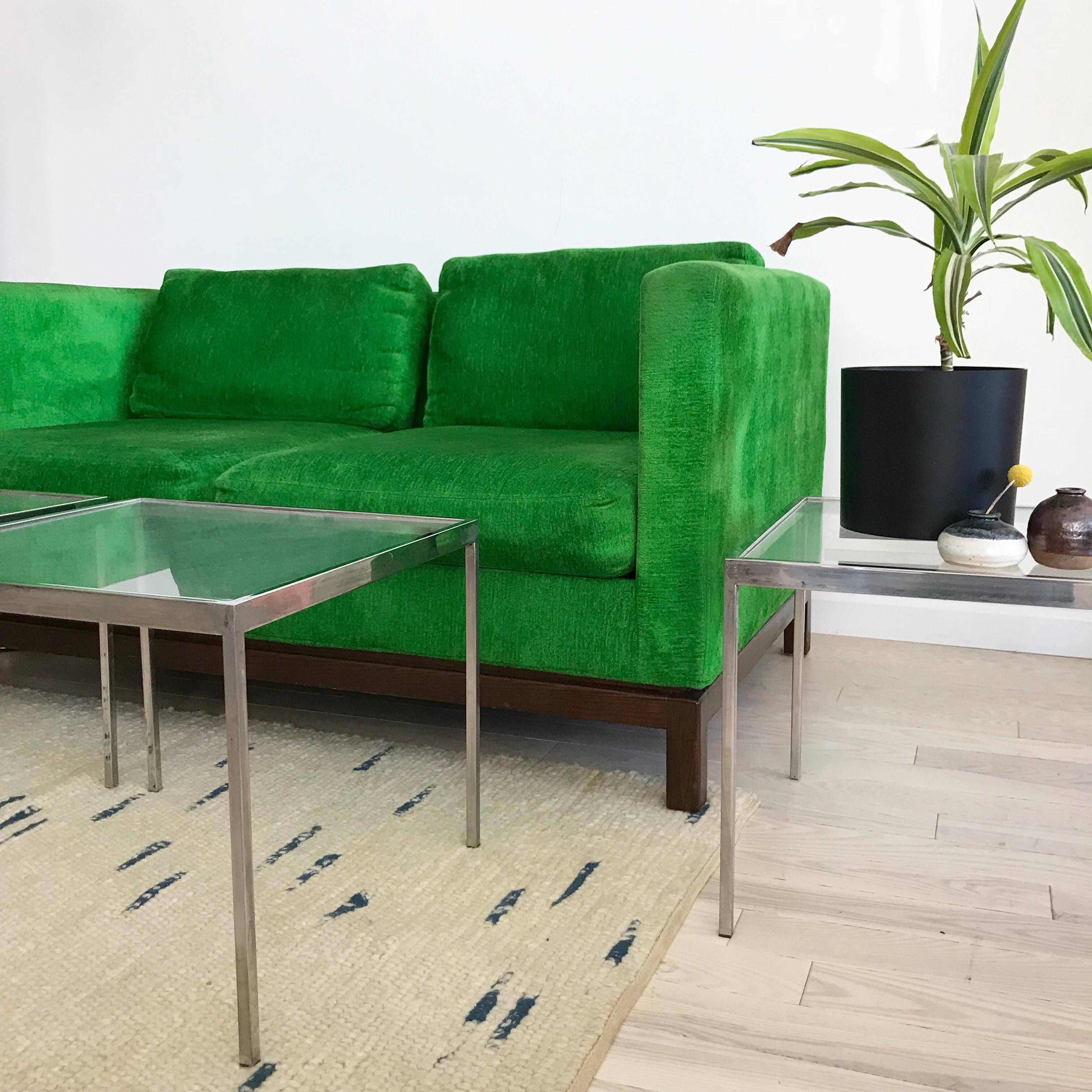 Midcentury Green Velvet Sofa with Walnut Legs by Selig In Excellent Condition In Brooklyn, NY