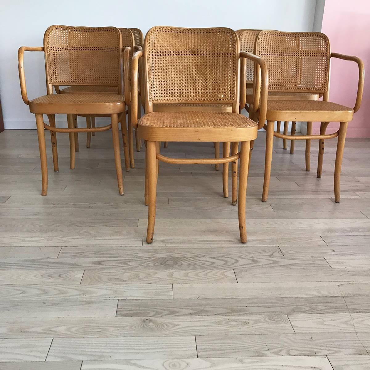 Full set of 10 armed midcentury Josef Hoffmann Prague 811 chairs with cane back and seats and bentwood frame. In Excellent condition, three pieces of cane have been replaced. No cracks or holes in cane. Some signs of ware on the wood from age and