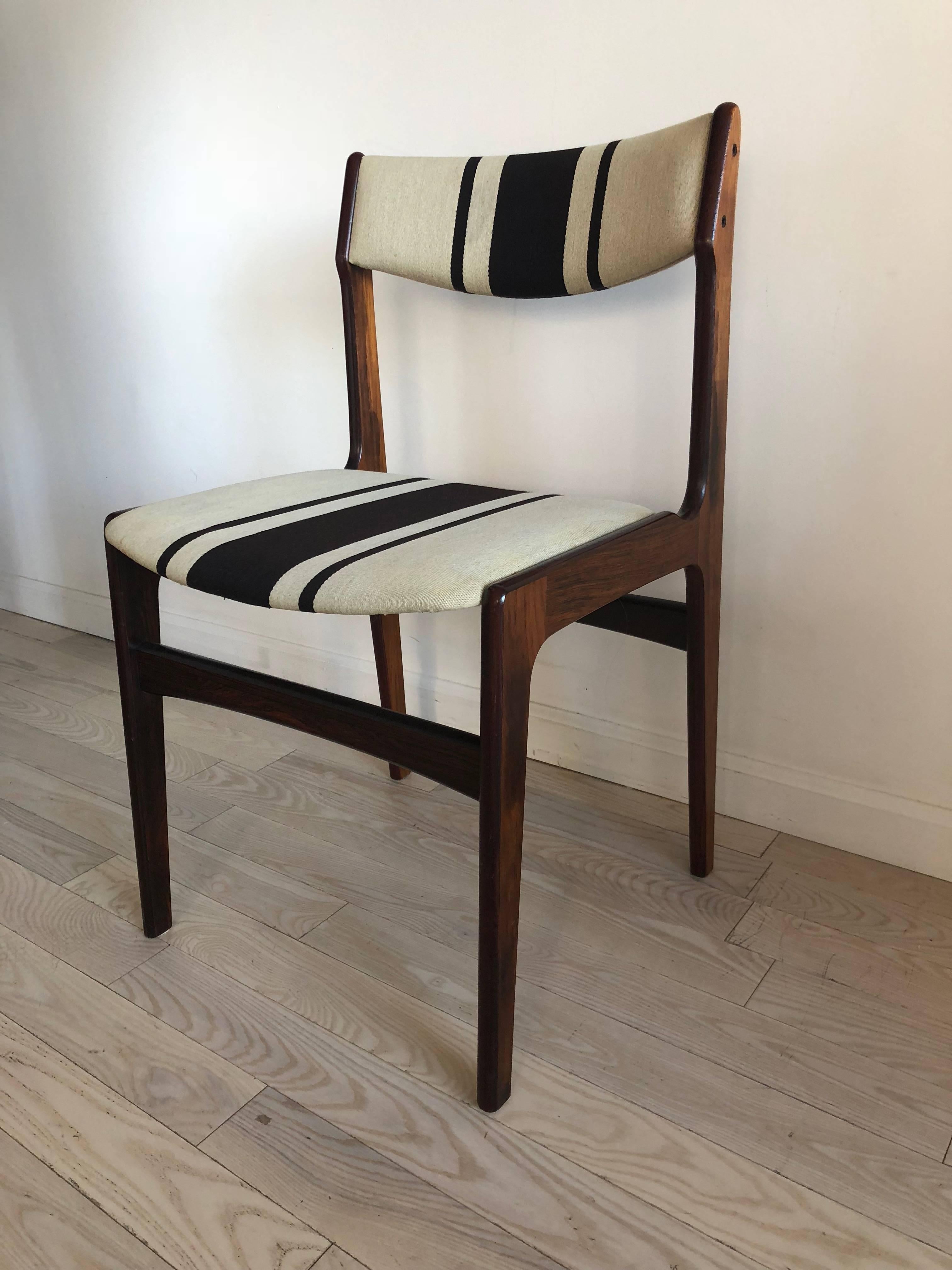 Danish Rosewood Midcentury Dining Chairs, Striped, Erik Buch Style, Set of Six In Excellent Condition In Brooklyn, NY