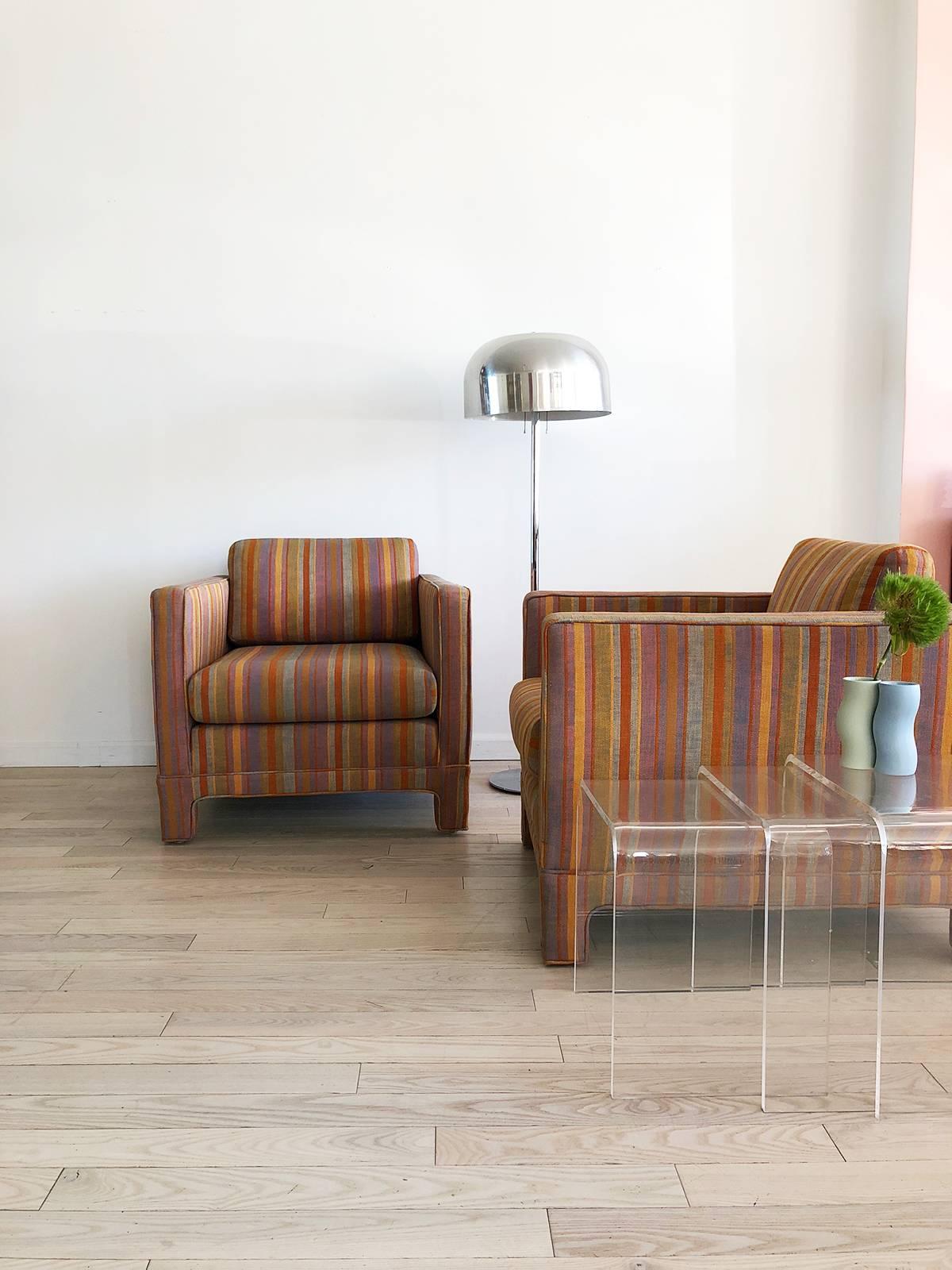 American 1970s Milo Baughman Square Club Chairs Reupholstered in Stripes Pink, Yellow