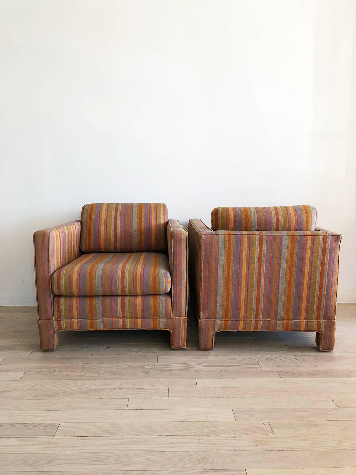 Amazing!!! Candy striped club chairs by Milo Baughman and reupholstered. Square shape and legs. Very comfortable. Removable cushions with zippers. Perfect condition. Super fun; add a pop of color and texture.
This listing is per chair, select two