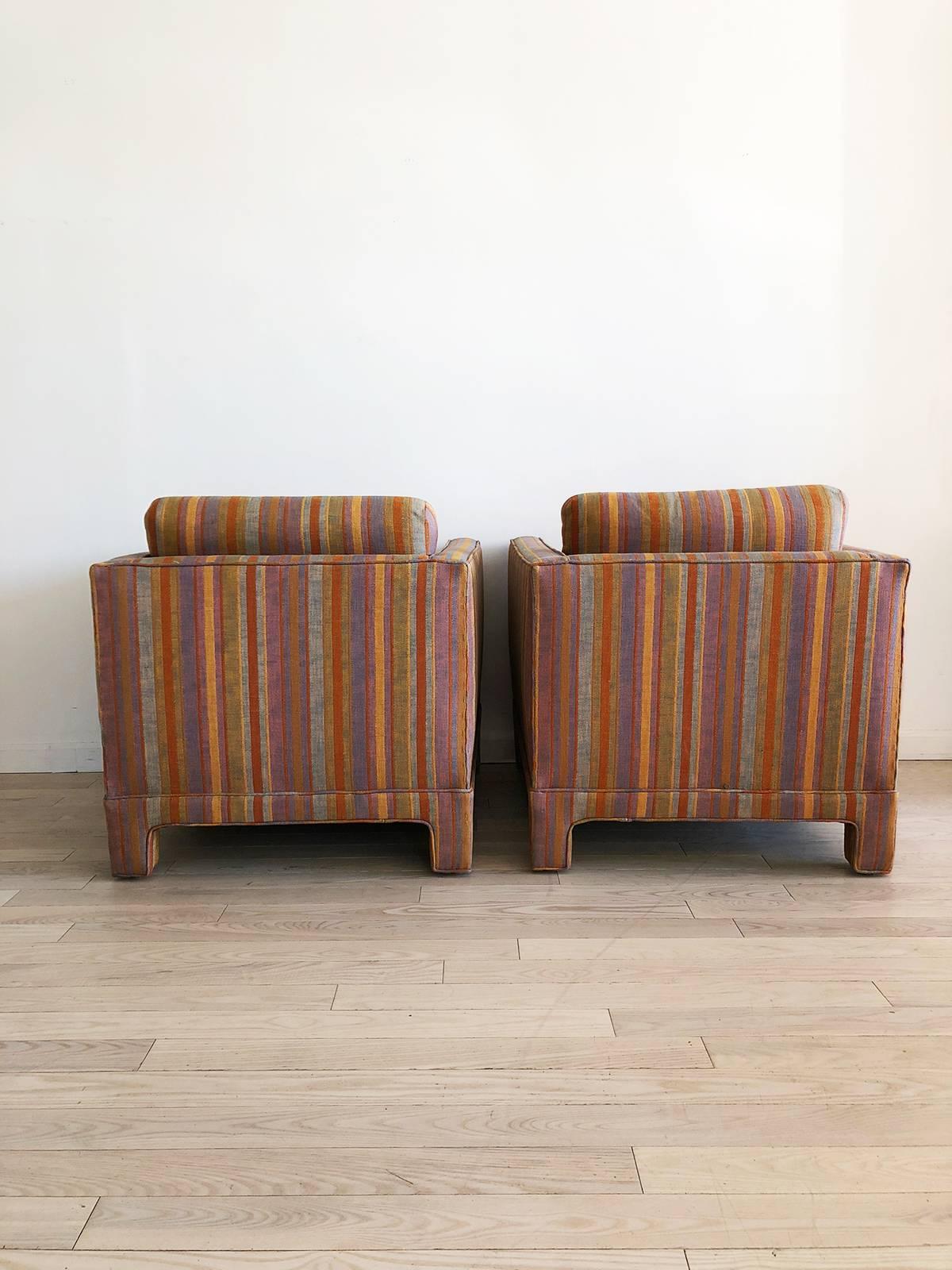 1970s Milo Baughman Square Club Chairs Reupholstered in Stripes Pink, Yellow In Excellent Condition In Brooklyn, NY