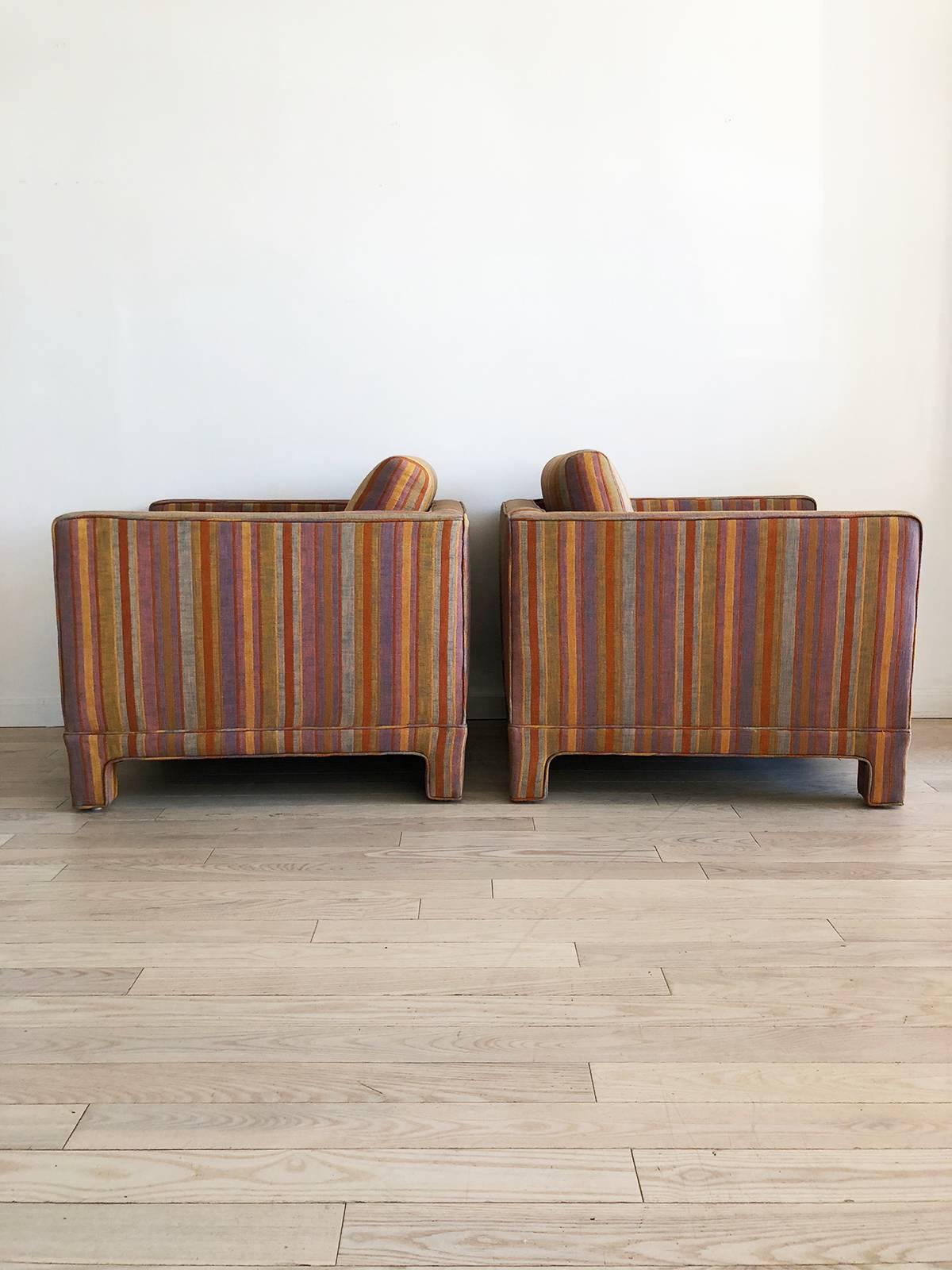 Late 20th Century 1970s Milo Baughman Square Club Chairs Reupholstered in Stripes Pink, Yellow