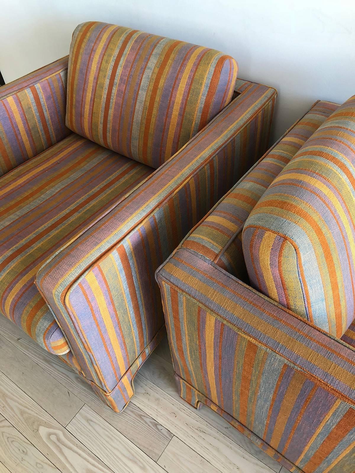 1970s Milo Baughman Square Club Chairs Reupholstered in Stripes Pink, Yellow 1