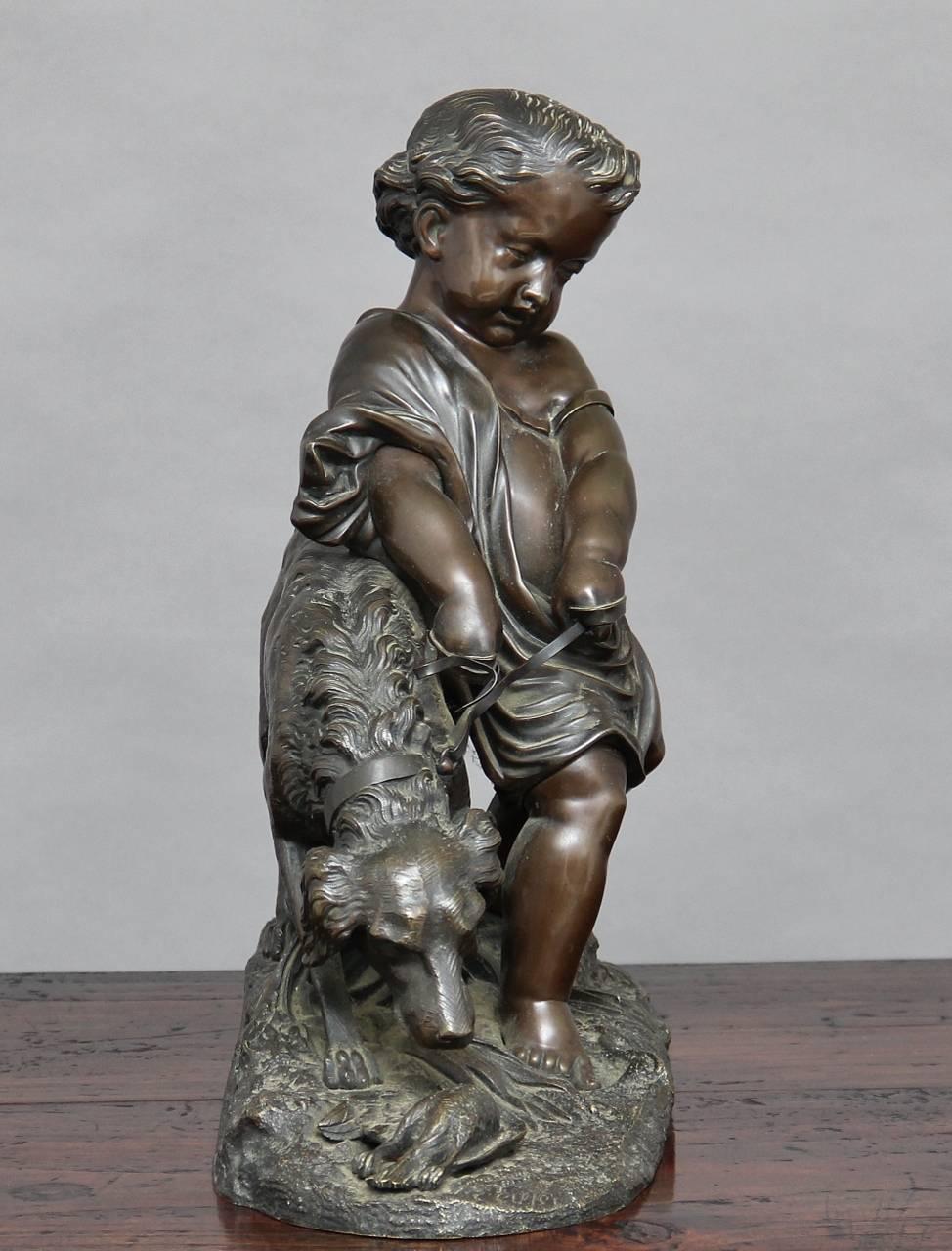 French 19th Century Bronze of a Young Boy with Dog