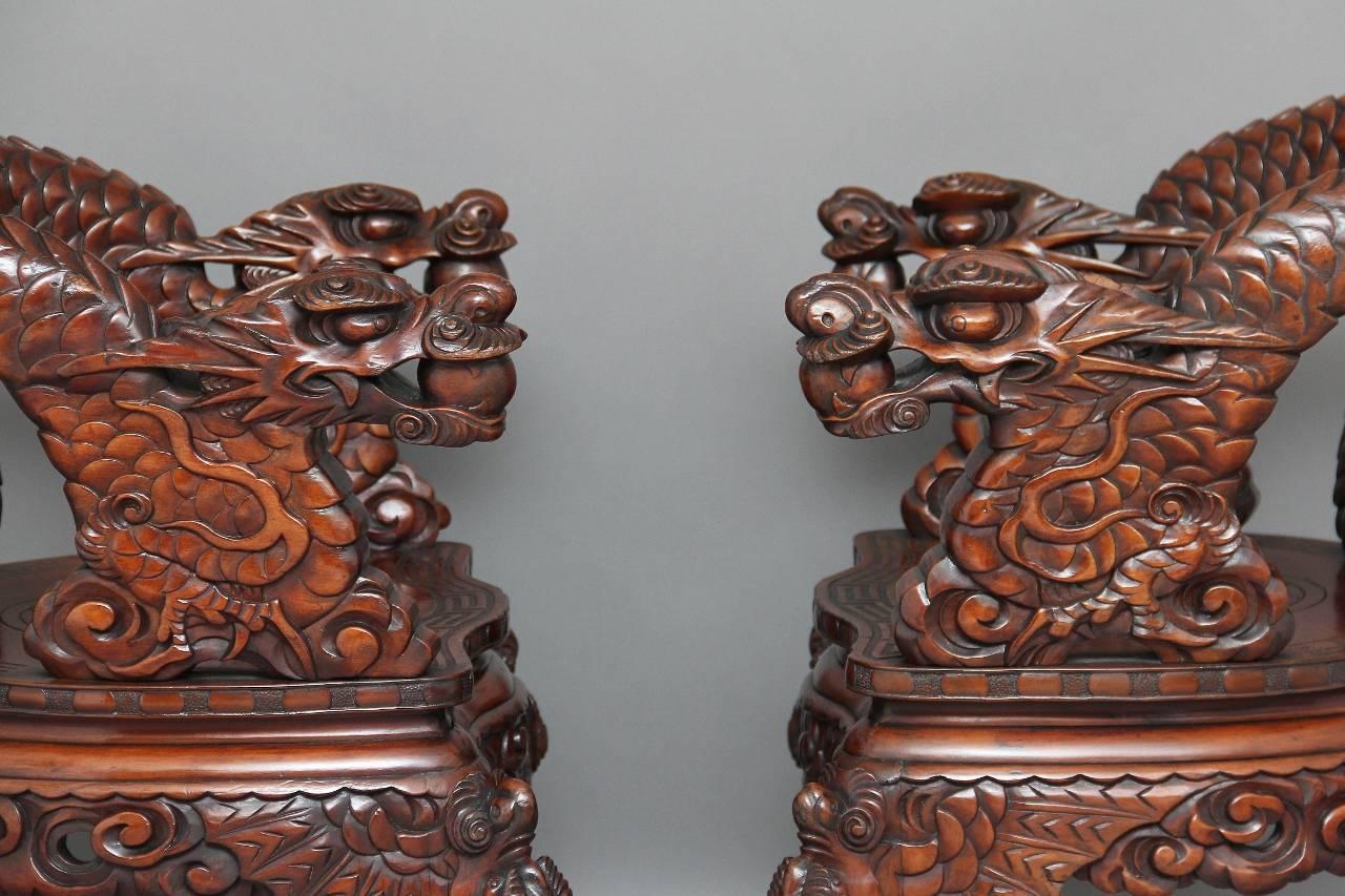 Wood Pair of Early 20th Century Carved Chinese Chairs