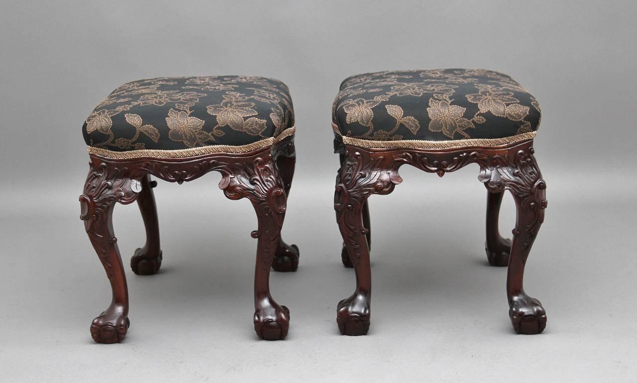 Chippendale Pair of Carved Mahogany Stools