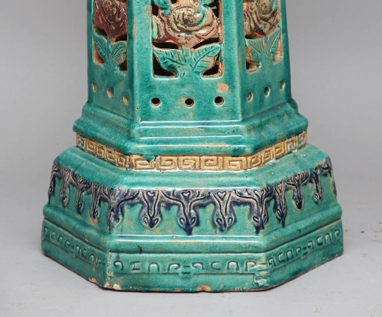A nice decorative pair of early 20th century painted on porcelain pedestals of turquoise color, with fretted decoration in the centre, circa 1910.
 