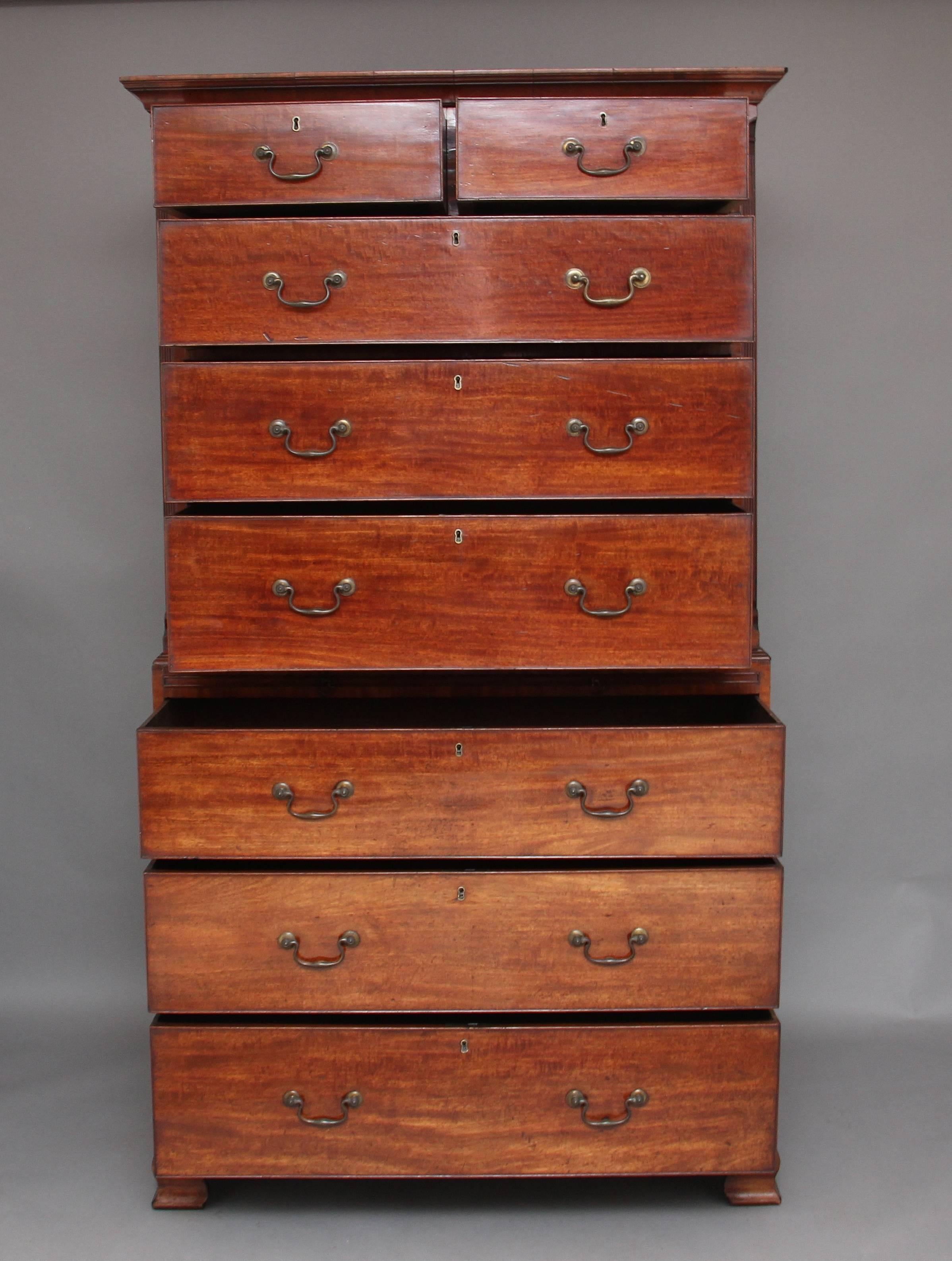 18th century mahogany chest on chest/tallboy, the moulded edge top above a selection of eight drawers, two short over six long graduated drawers, which are all oak lined and have original brass swan neck handles, at the centre there is a pull out