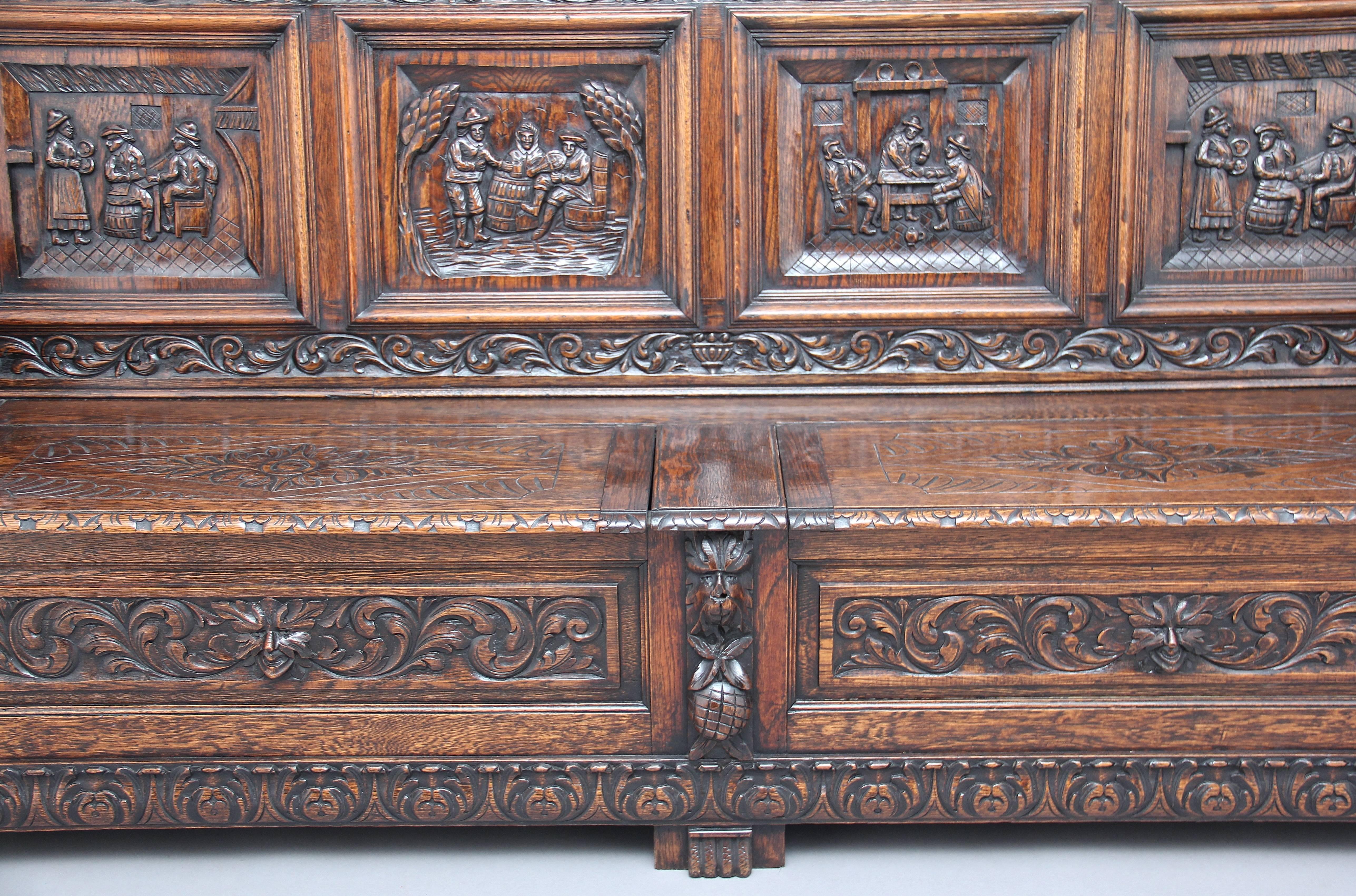 Belgian Large 19th Century Carved Oak Box Settle