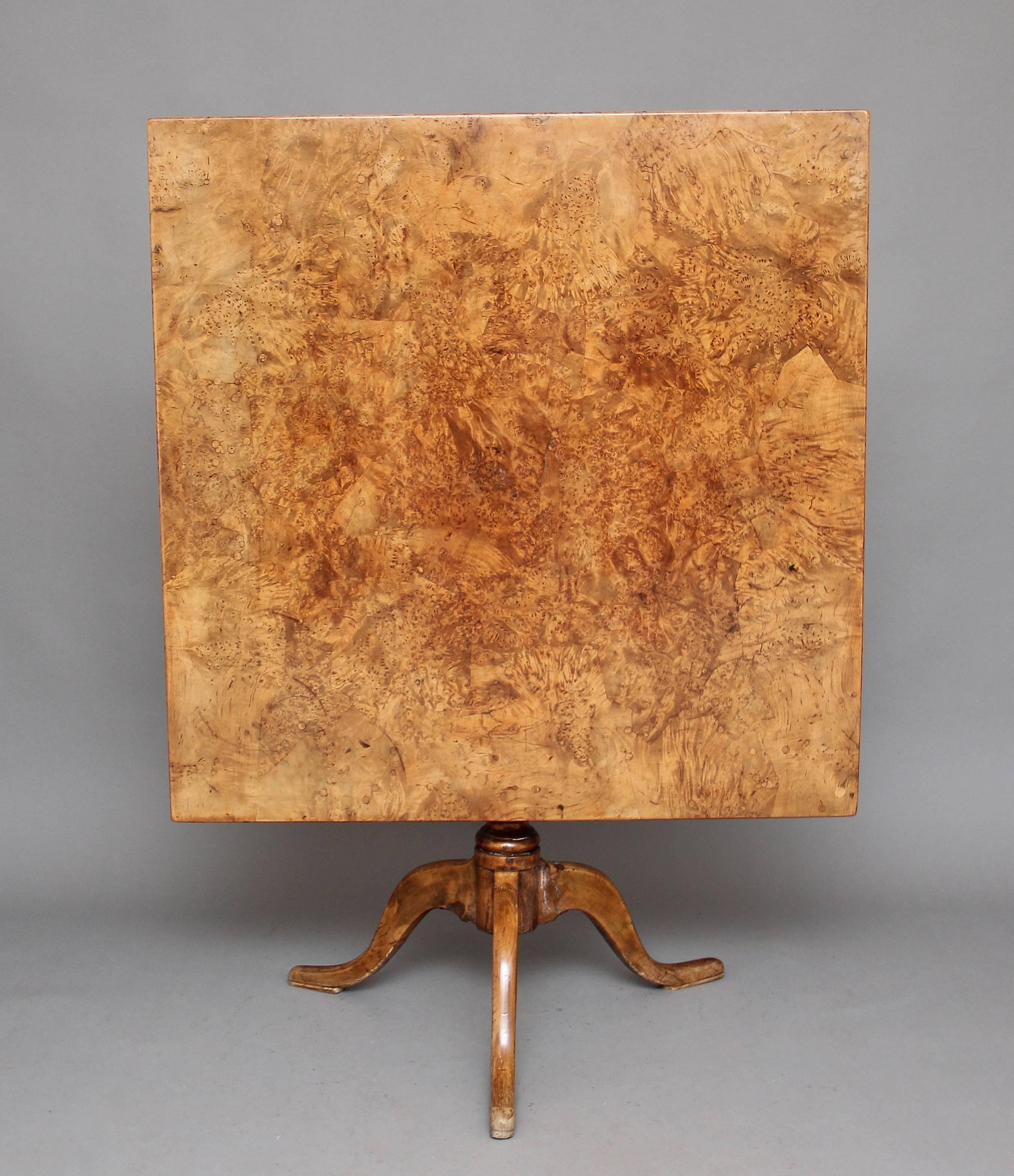 19th century burr alder (alder root) supper / breakfast table on a birch tripod base, with the original wood locking mechanism, the top is the crowning glory, a wonderful color on this wonderful burr wood top, the whole piece in good original