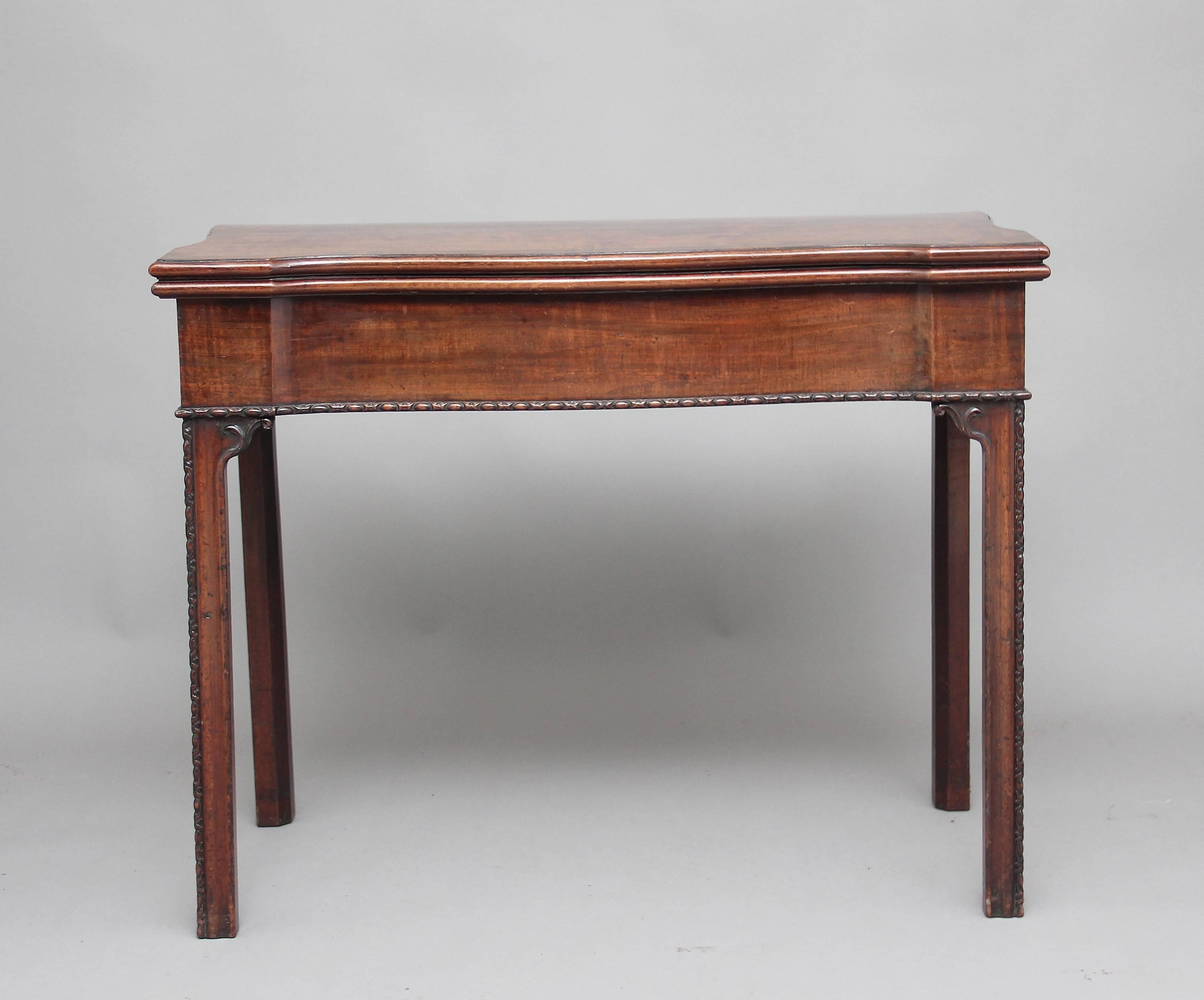 18th century mahogany serpentine card table with a crossbanded fold over top lined with a green baize playing surface, the table has lovely detailed beading running along the frieze and on the legs, lovely patina, circa 1780.
 