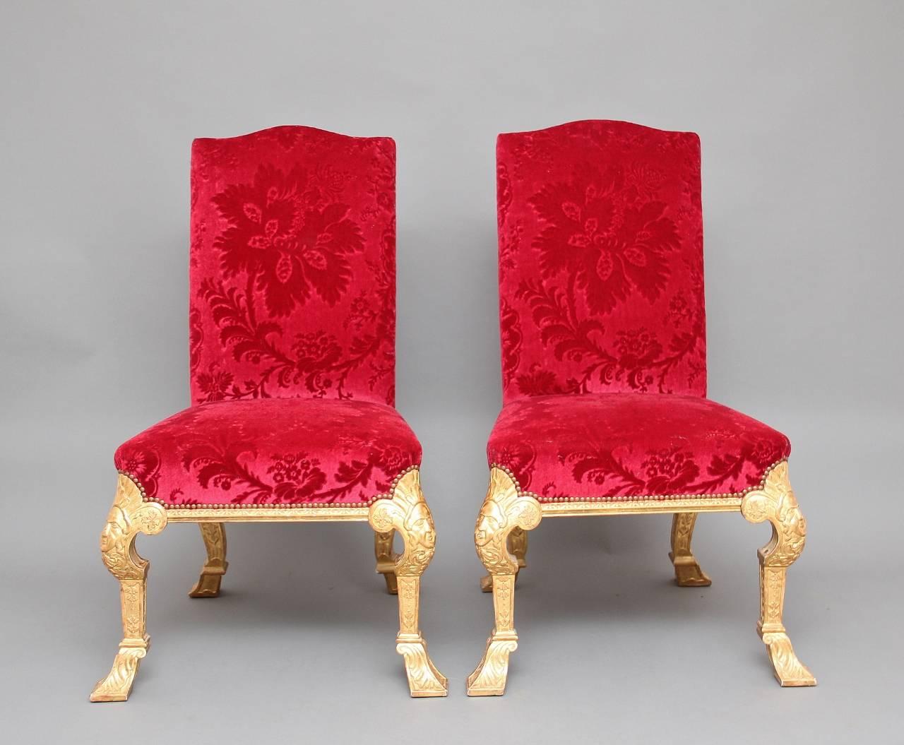 A fabulous pair of early 20th century carved and gilded chairs in the George I style, the front cabriole legs have carved mask heads on the knees and carved decoration running down the legs, the back legs are also profusely carved, the seat rails